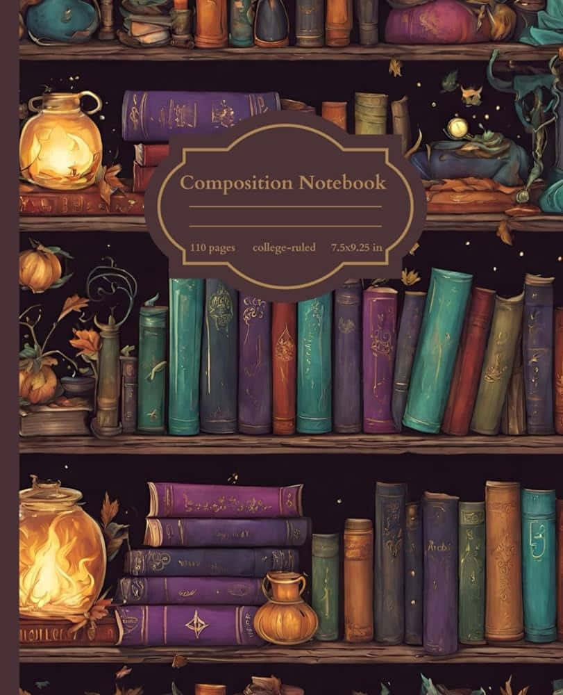 enchanted bookshelf, composition notebook, colorful fantasy books, SD Phone Wallpaper