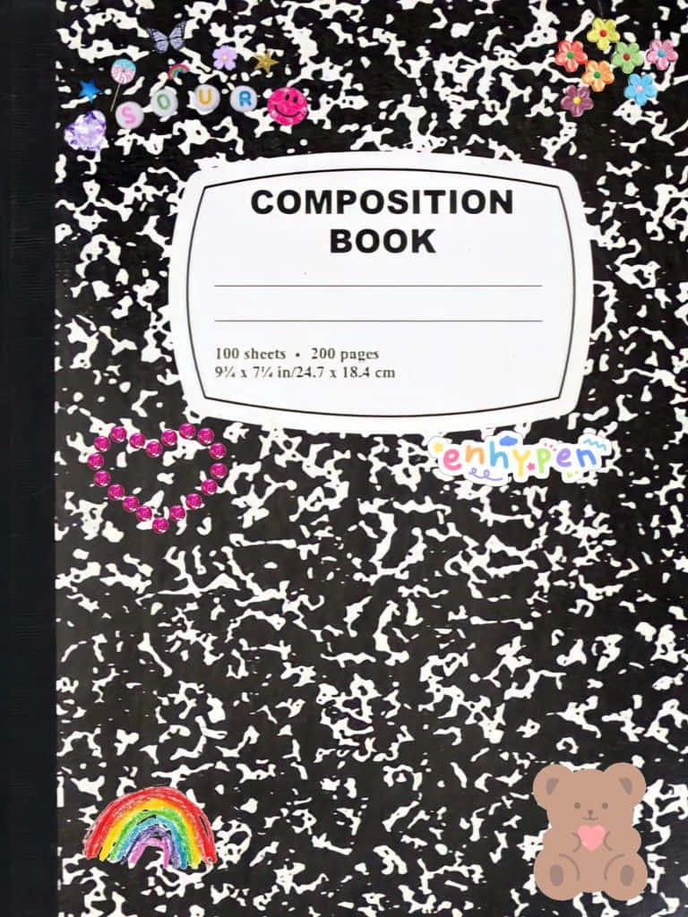 composition book cover, black and white speckled, colorful stickers, SD Phone Wallpaper