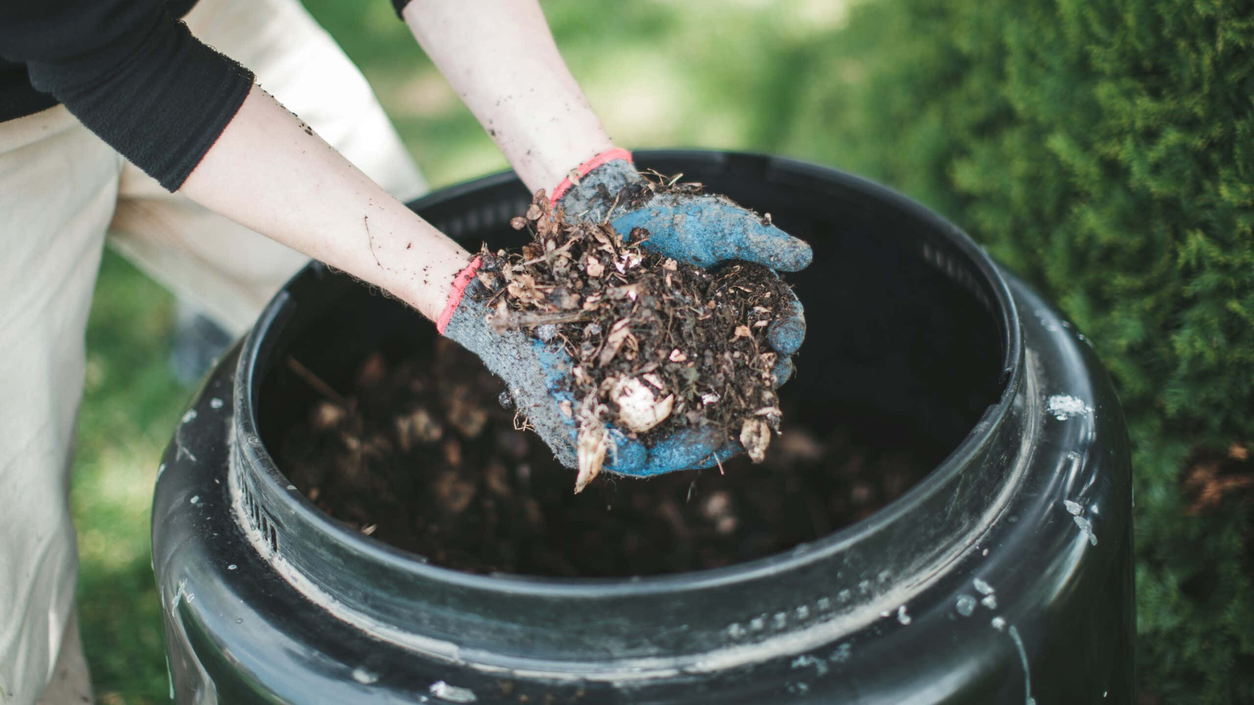compost, gloved hands, black bin, 2K Desktop Wallpaper
