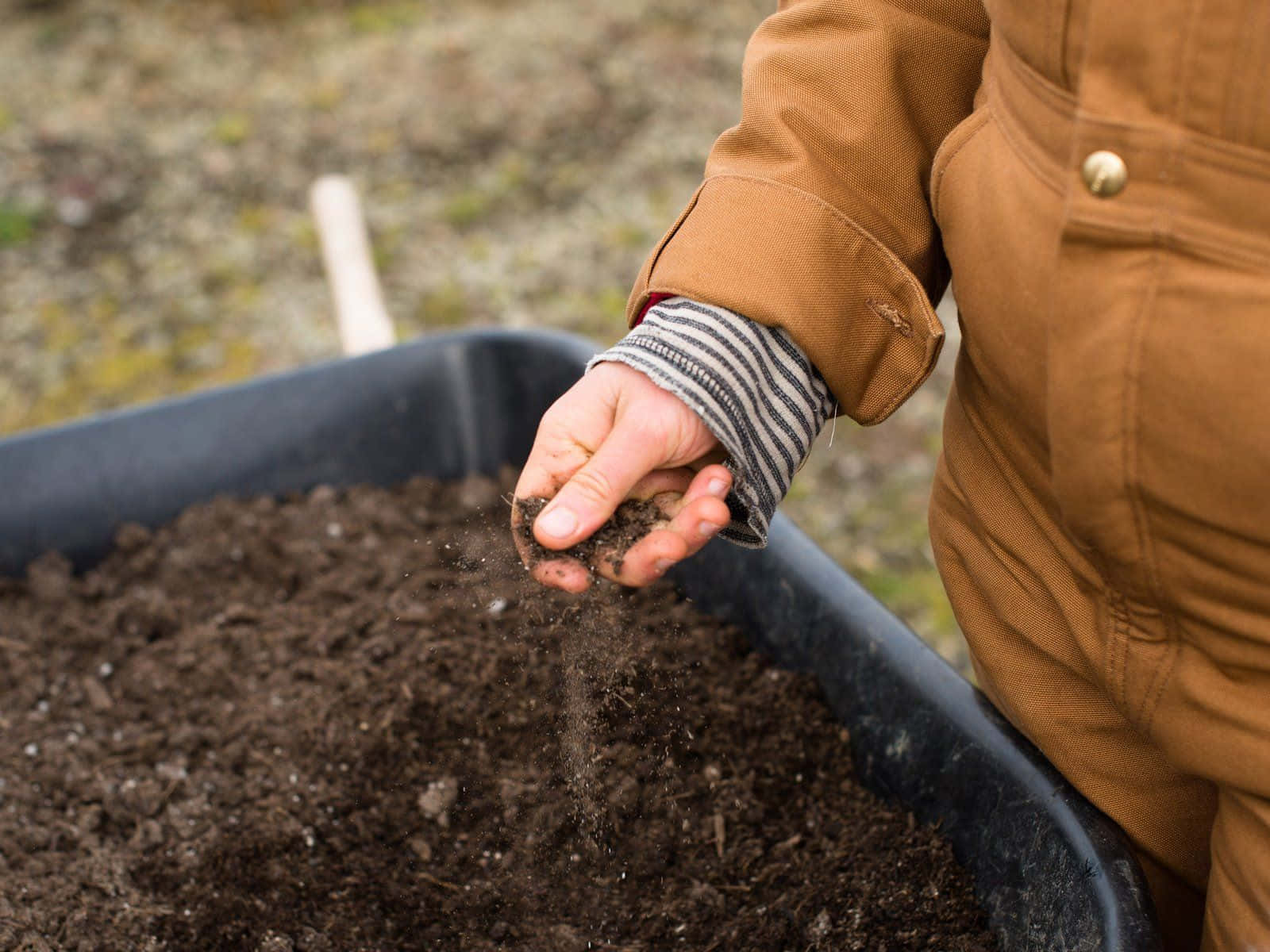 Compost, black wheelbarrow, brown overalls, HD Desktop Wallpaper