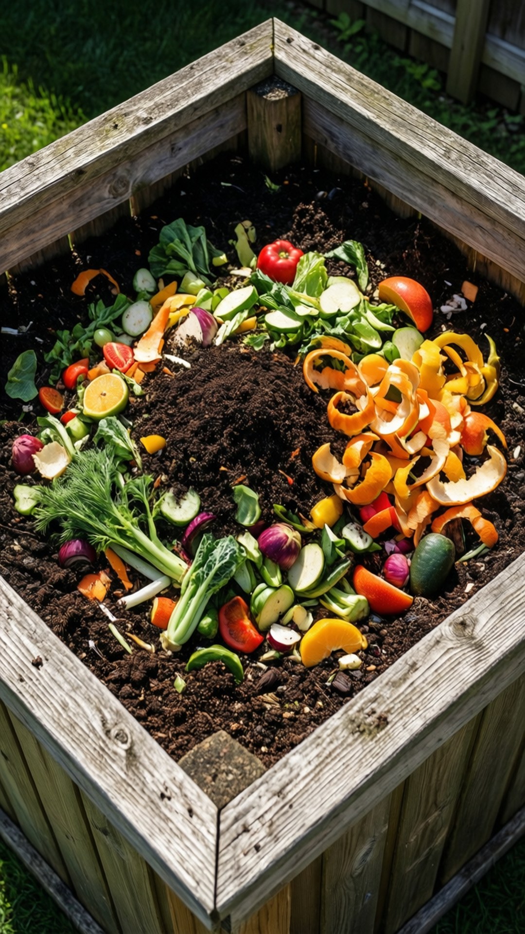 overflowing bounty, wooden compost bin, colorful vegetable scraps, Full HD Phone Wallpaper