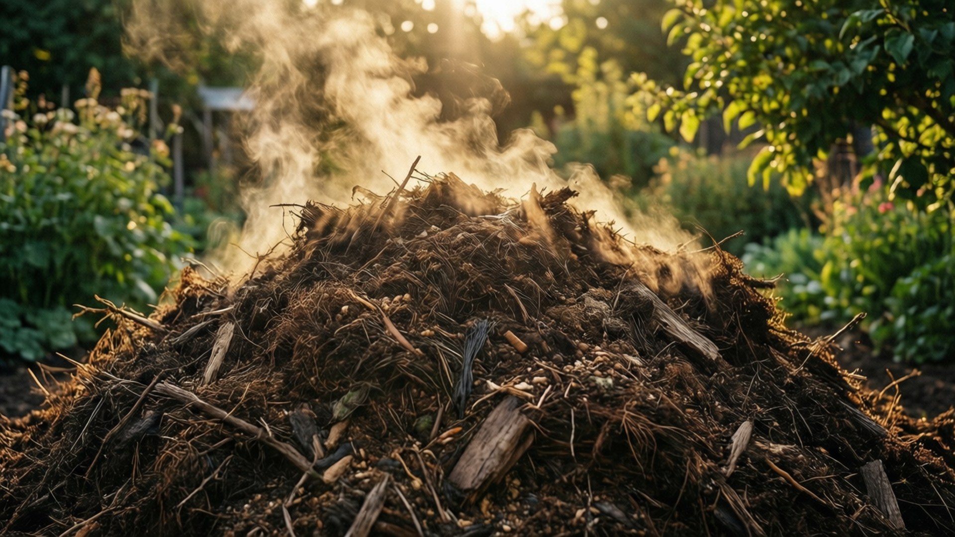 steaming compost pile, twigs, leaves, Full HD Desktop Wallpaper