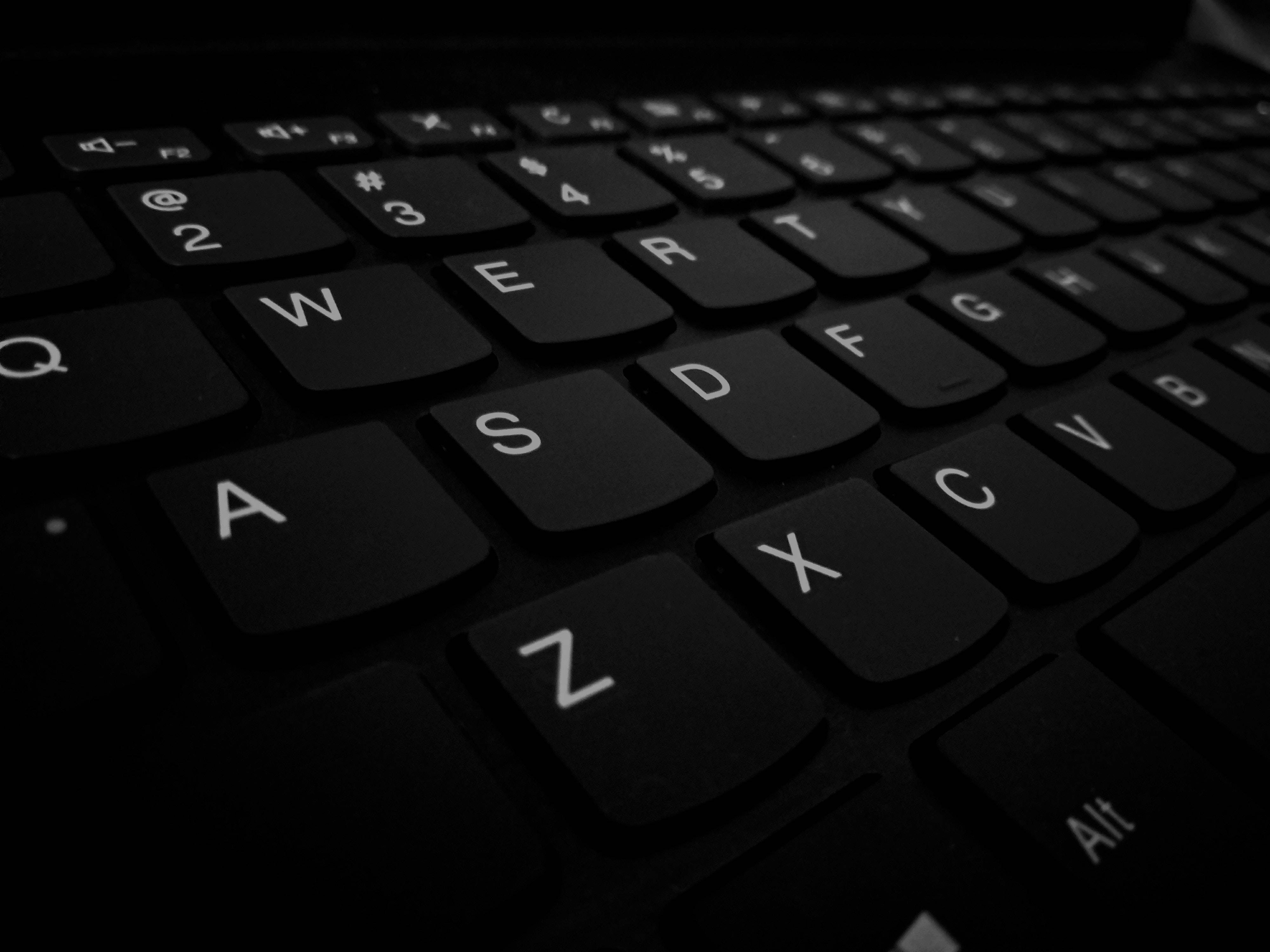 sleek black cool computer keyboard, black laptop keyboard, white lettering, 4K Desktop Wallpaper