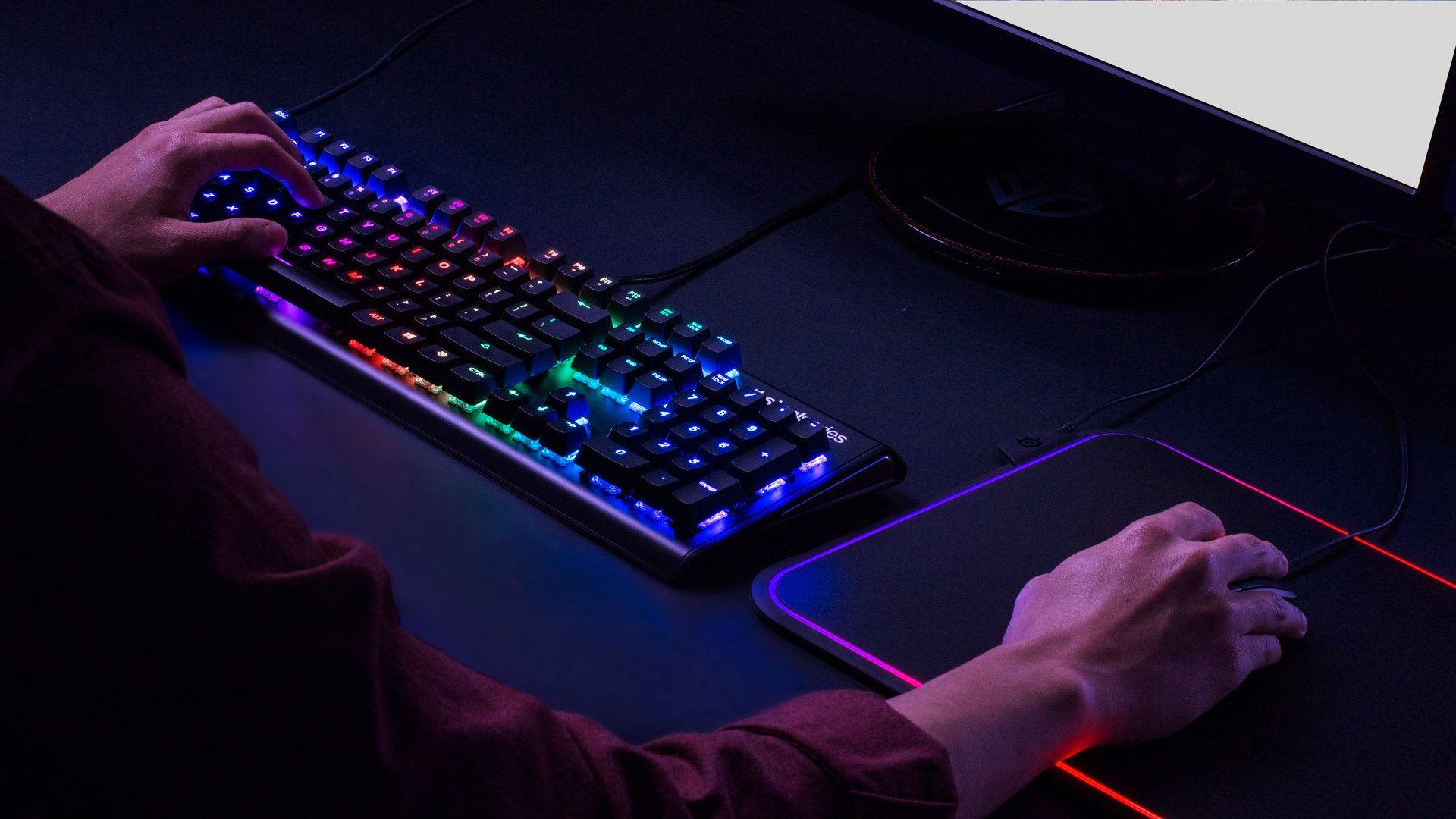rainbow-backlit gaming keyboard, glowing mouse, dark room, Full HD Desktop Wallpaper
