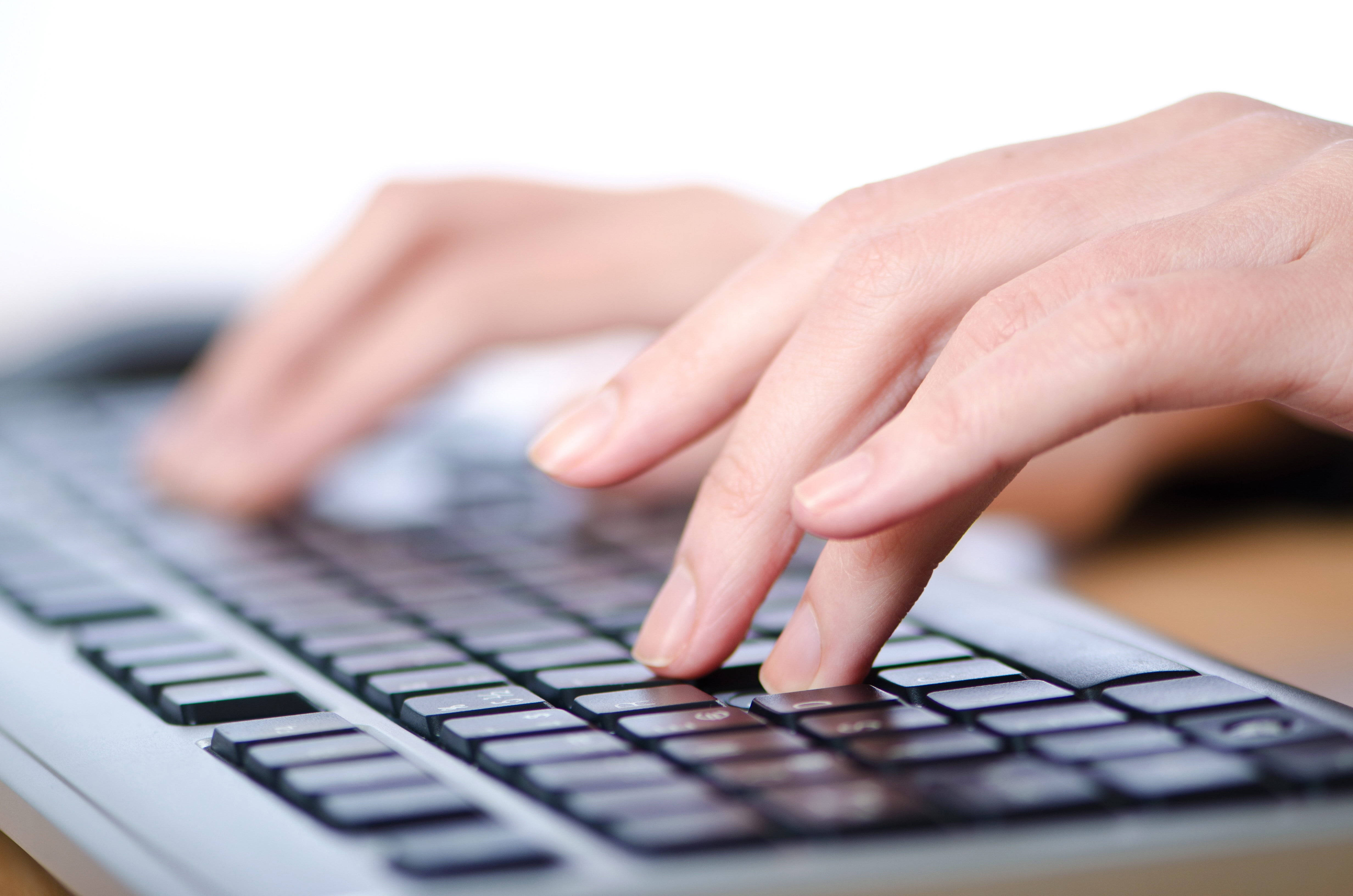 fast typing action computer keyboard, sleek silver keyboard, hands typing, 4K Desktop Wallpaper