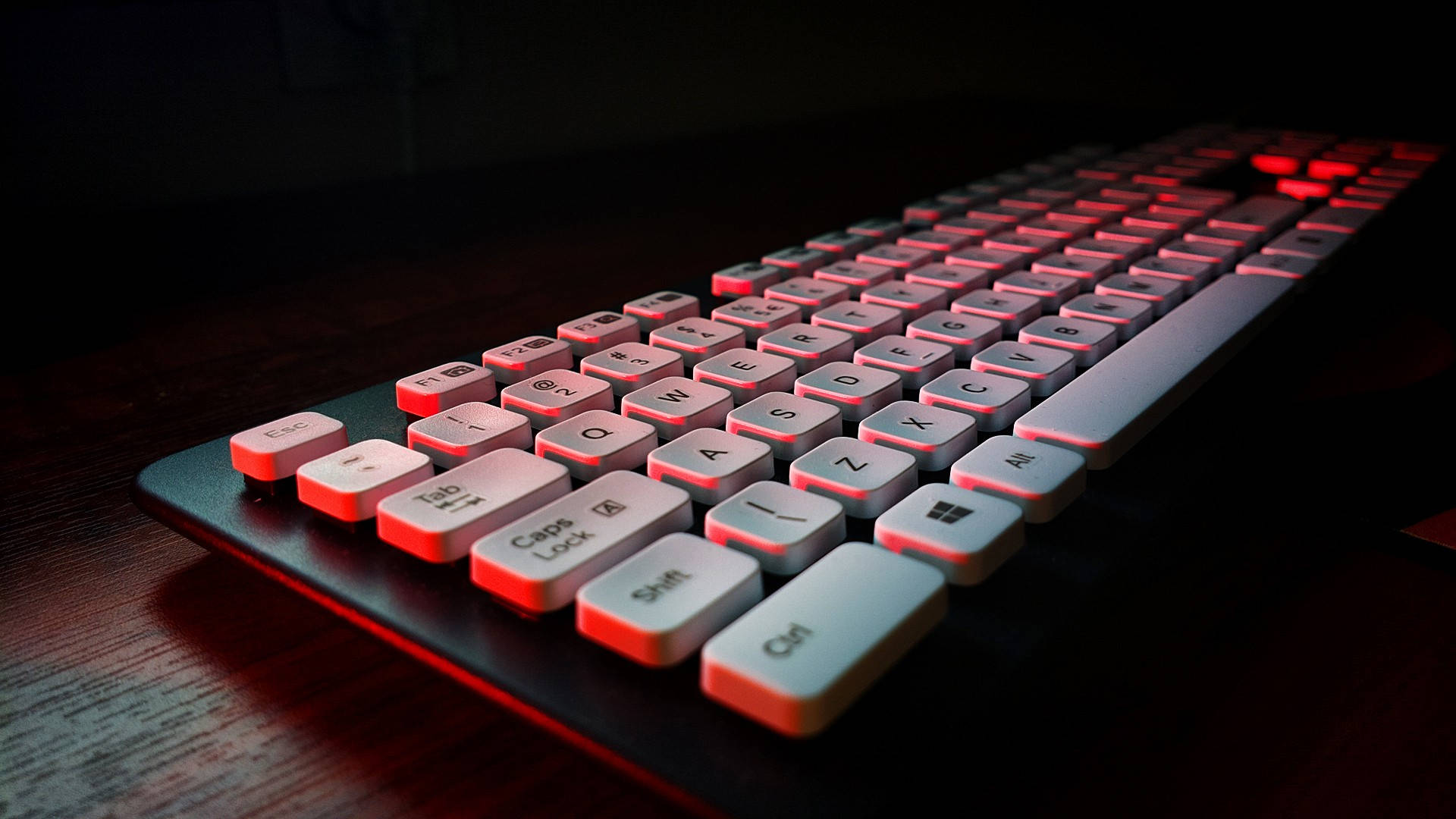 red neon light, backlit keyboard, dark wooden desk, Full HD Desktop Wallpaper