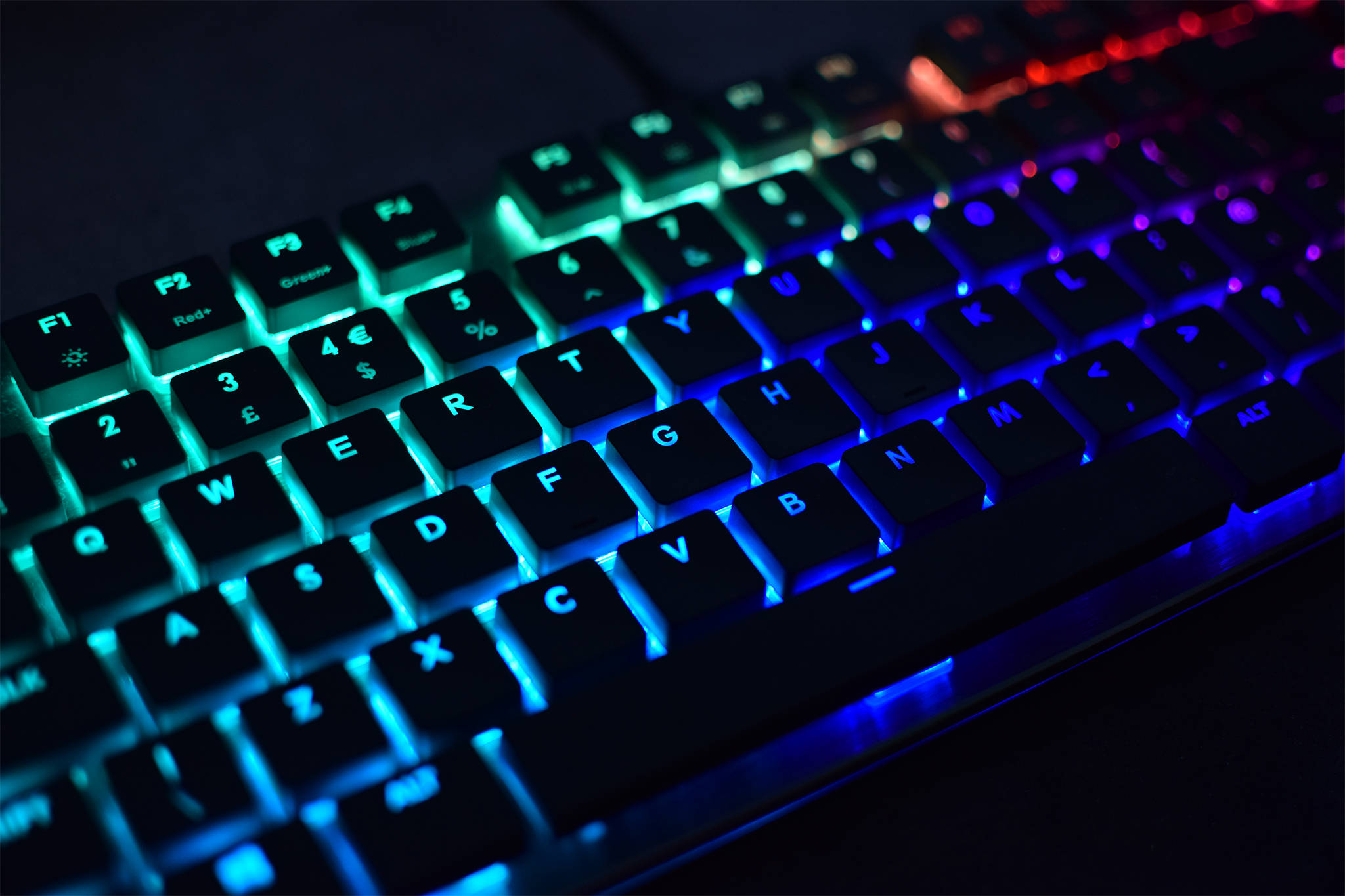 Bight Neon Lights Computer Keyboard, rainbow backlighting, dark background, Full HD Desktop Wallpaper