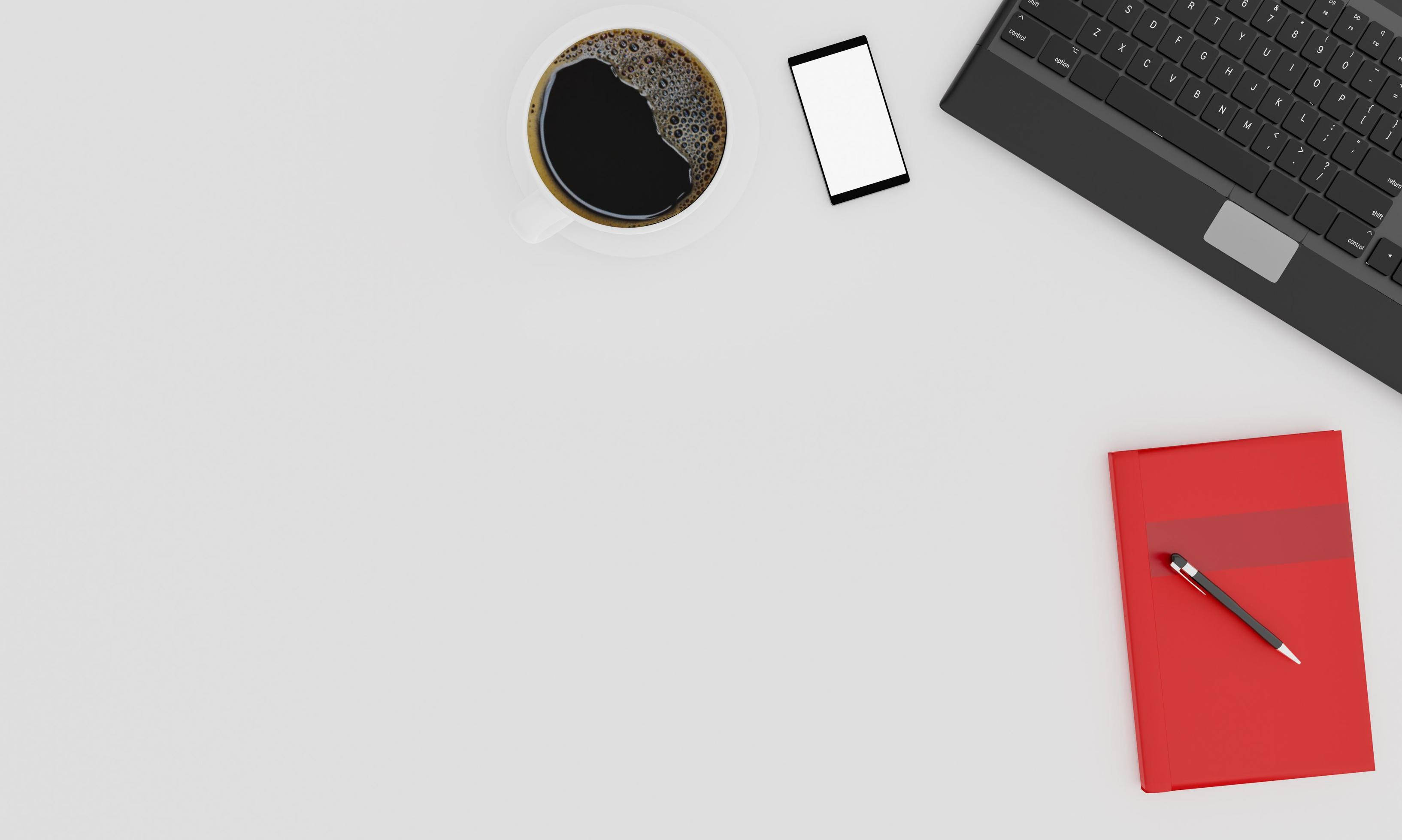 minimalist, white desk, coffee, 2K Desktop Wallpaper