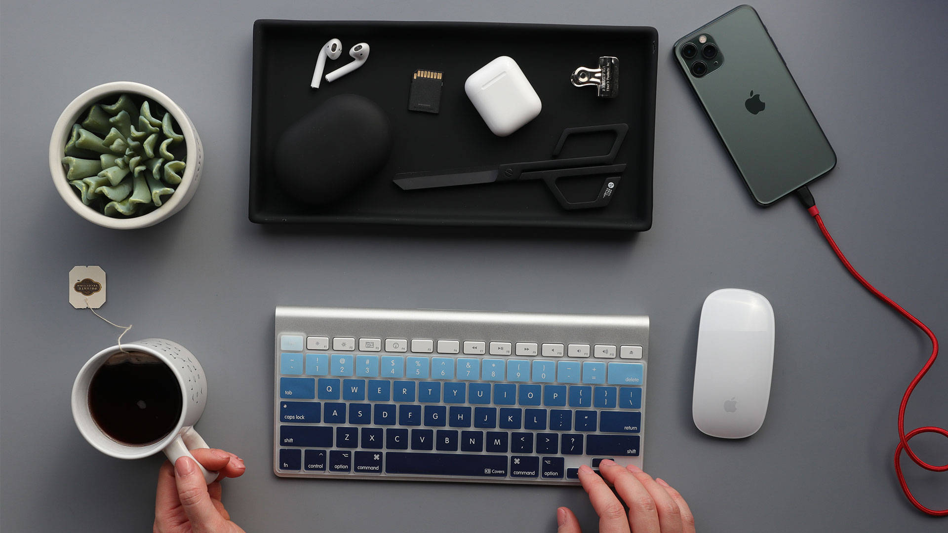 silver keyboard, gray desk, hands typing, Full HD Desktop Wallpaper