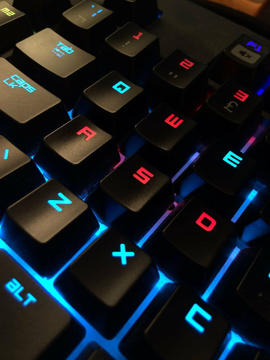 black gaming keyboard, vibrant blue and red backlighting, keys, SD Phone Wallpaper