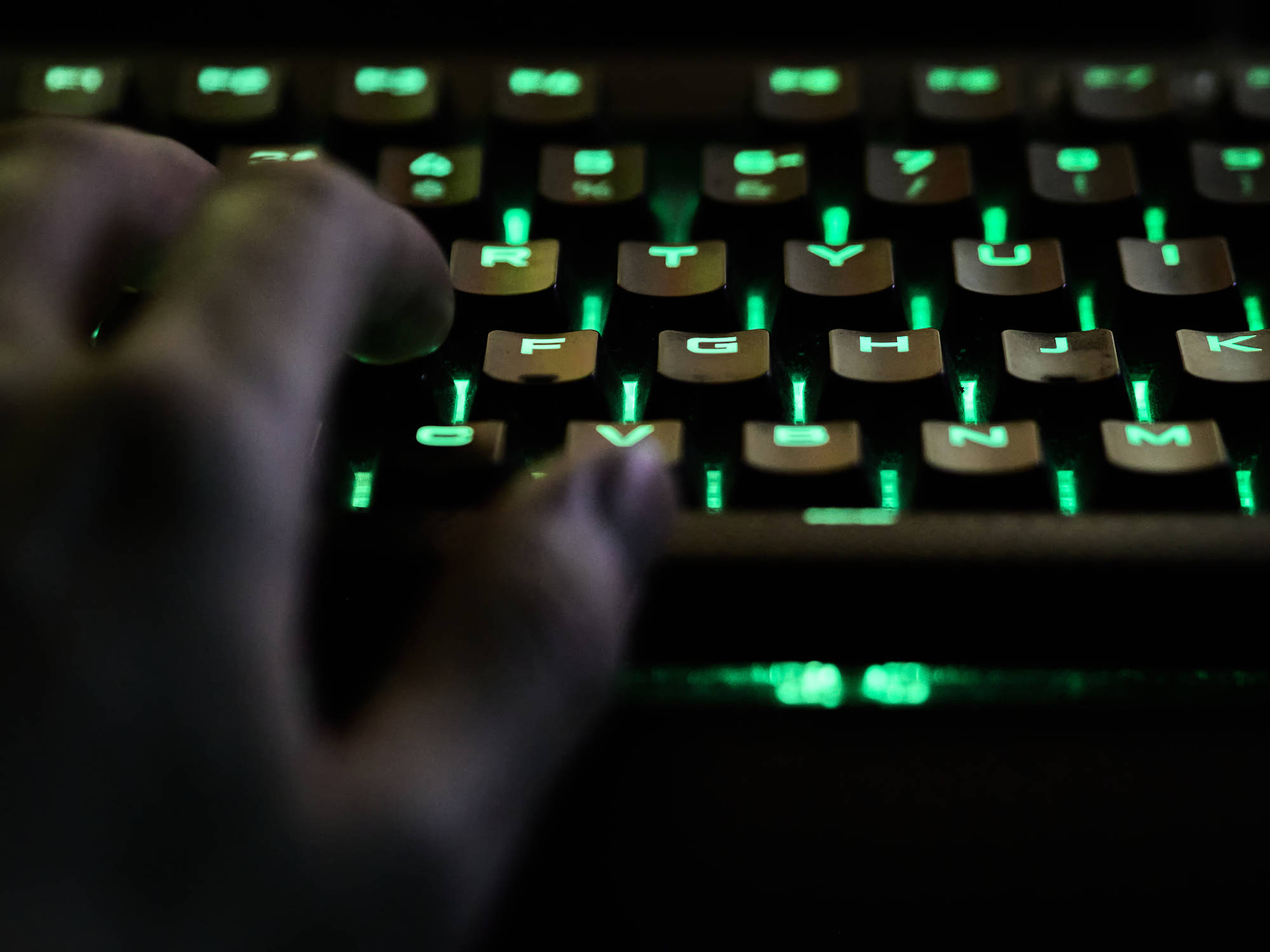Mint Green Illuminated Computer Keyboard, glowing green backlit keyboard, dark room, Full HD Desktop Wallpaper