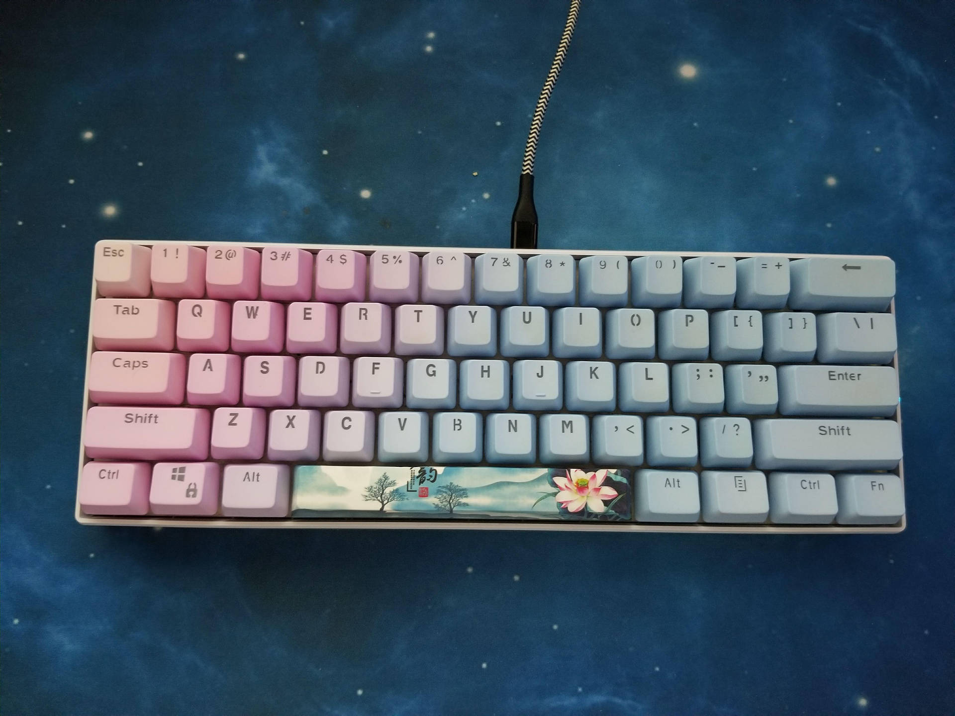 pastel gradient mechanical keyboard, floral space-themed keycap, starry cosmic background, Full HD Desktop Wallpaper