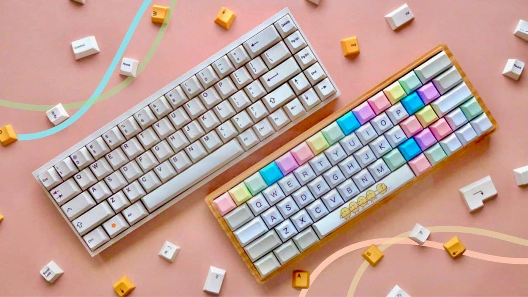 pastel mechanical keyboard, minimalist white keyboard, pastel rainbow keys, HD Desktop Wallpaper