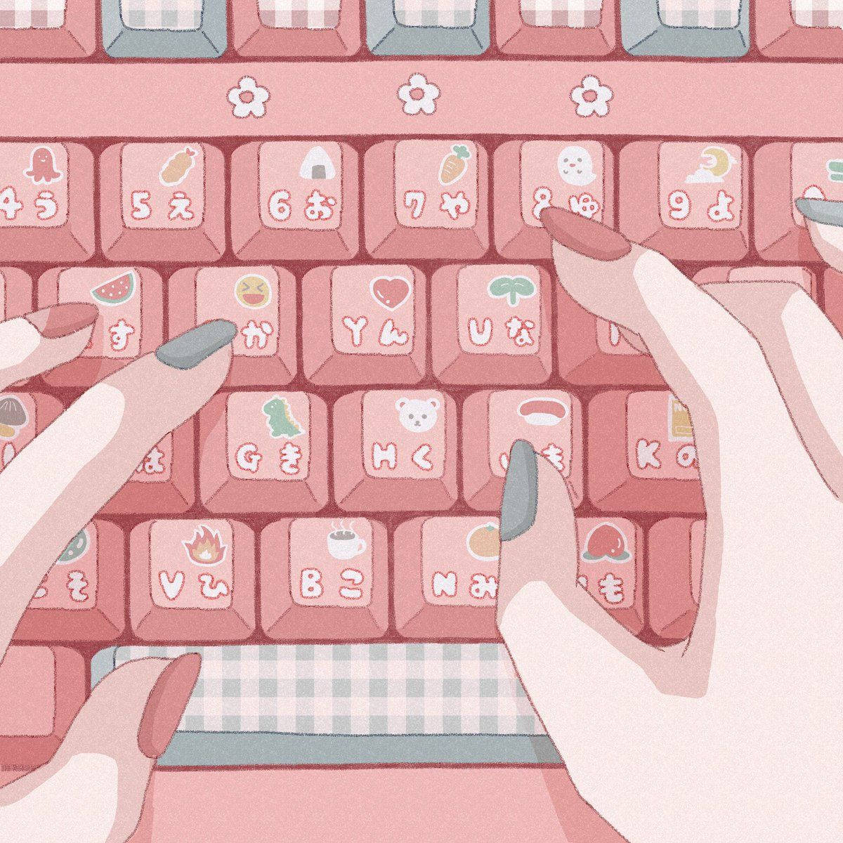 pastel pink keyboard, gray nail polish, cute Japanese kawaii stickers, SD Desktop Wallpaper