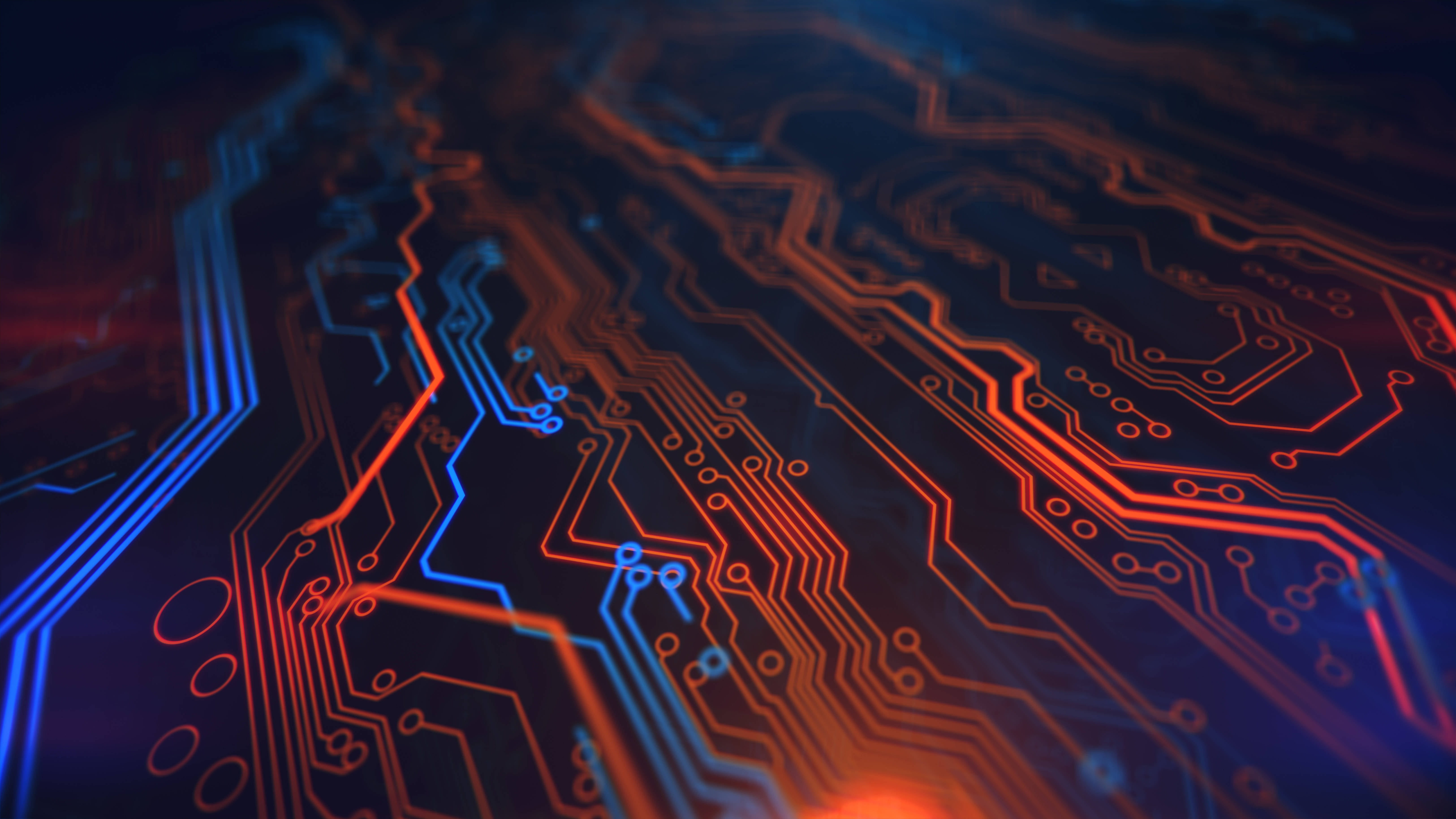 glowing blue, glowing red, circuit board pathways, 5K Desktop Wallpaper