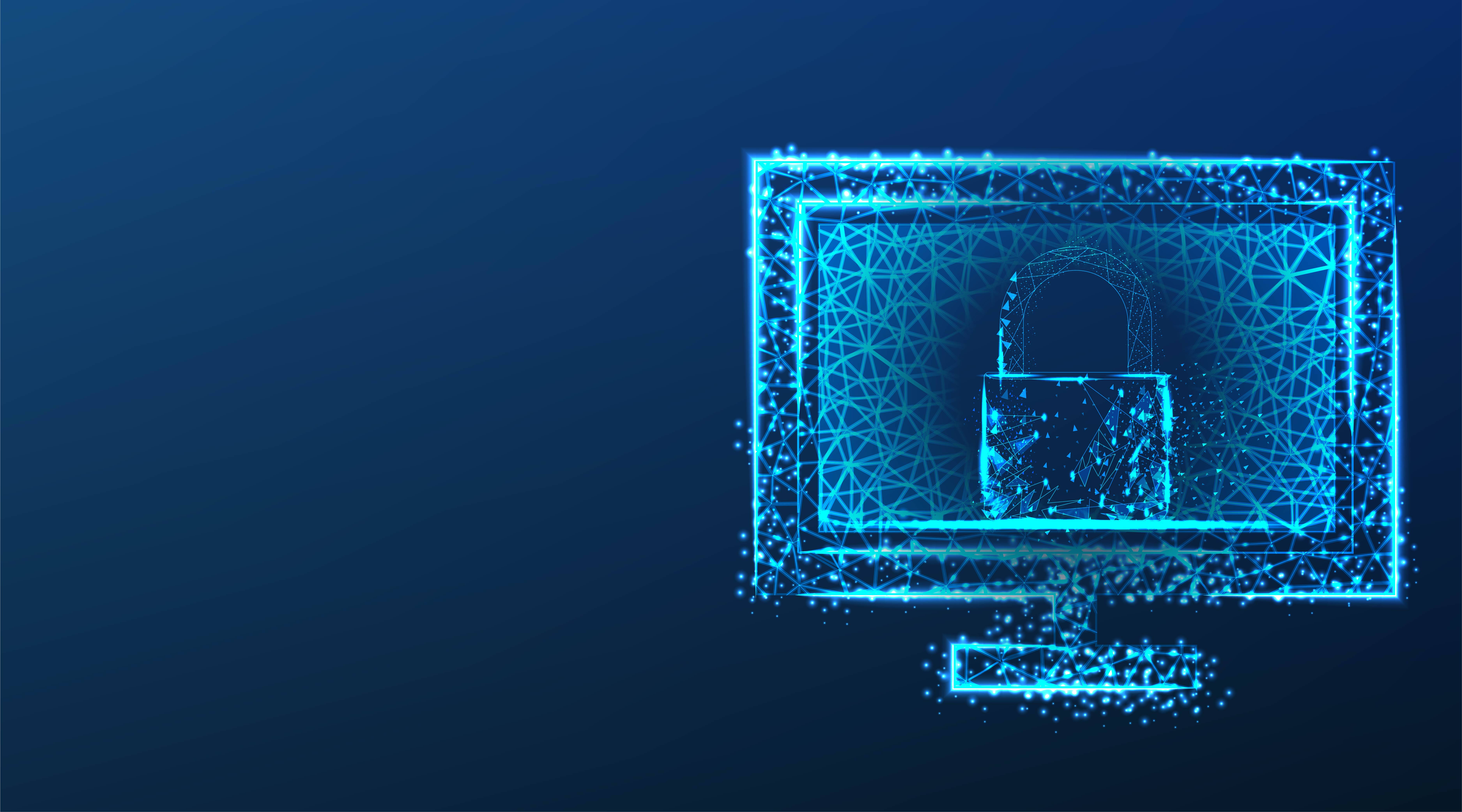 digital blue, glowing blue digital padlock icon, futuristic wireframe style, 5K Desktop Wallpaper