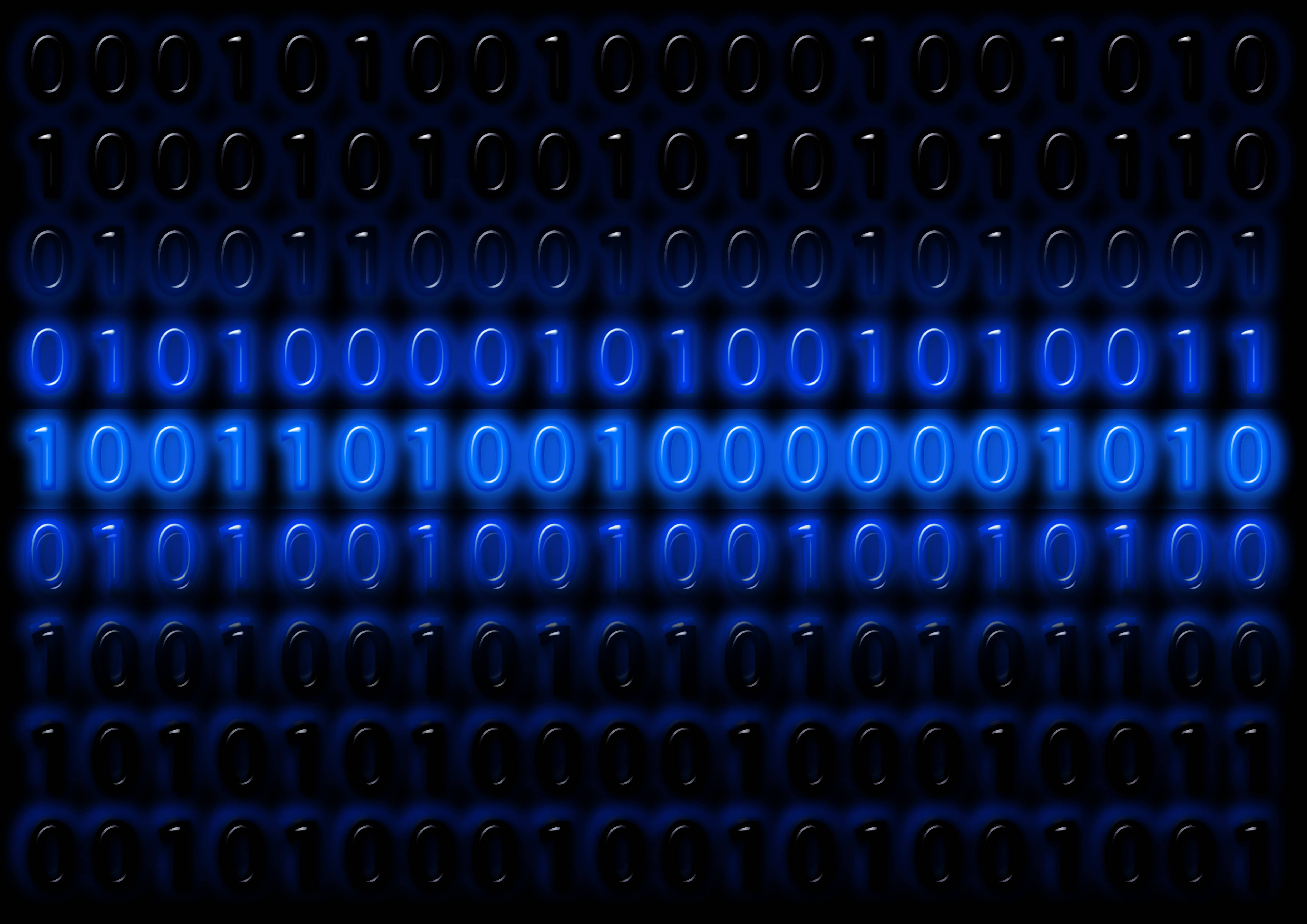 blue binary code, glowing blue binary digits, dark background, 4K Desktop Wallpaper