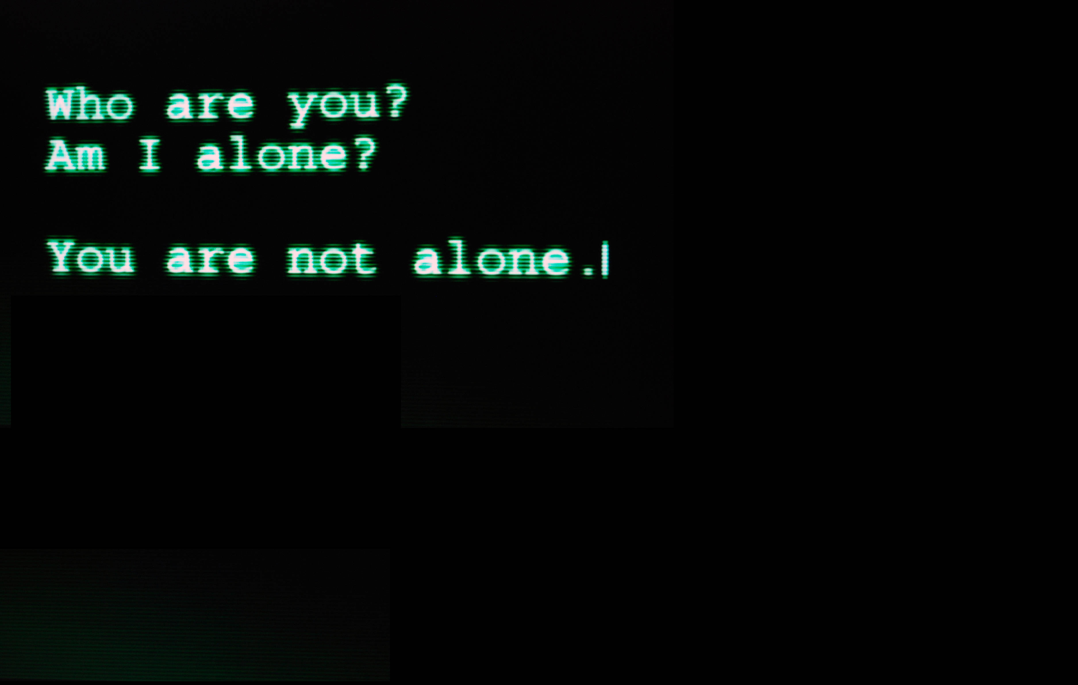 Green pixelated text, Black screen, Existential questions, 2K Desktop Wallpaper
