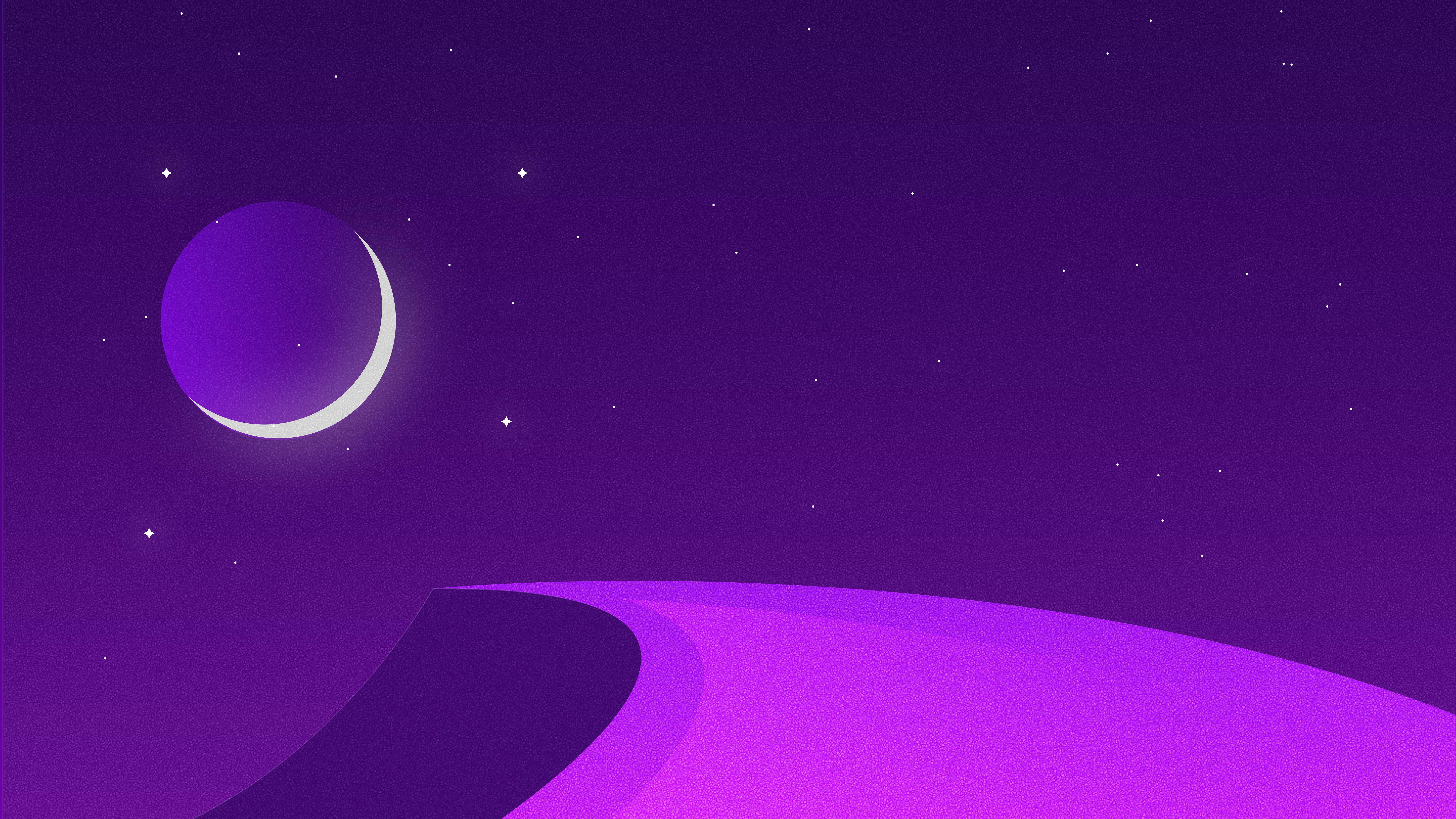crescent moon, curved purple horizon, starry night sky, 8K Desktop Wallpaper
