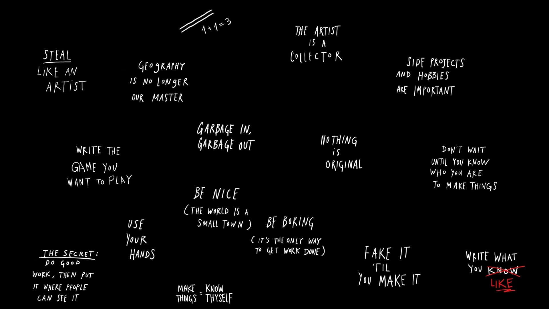 black background, white handwritten motivational phrases, brainstorming wall, Full HD Desktop Wallpaper