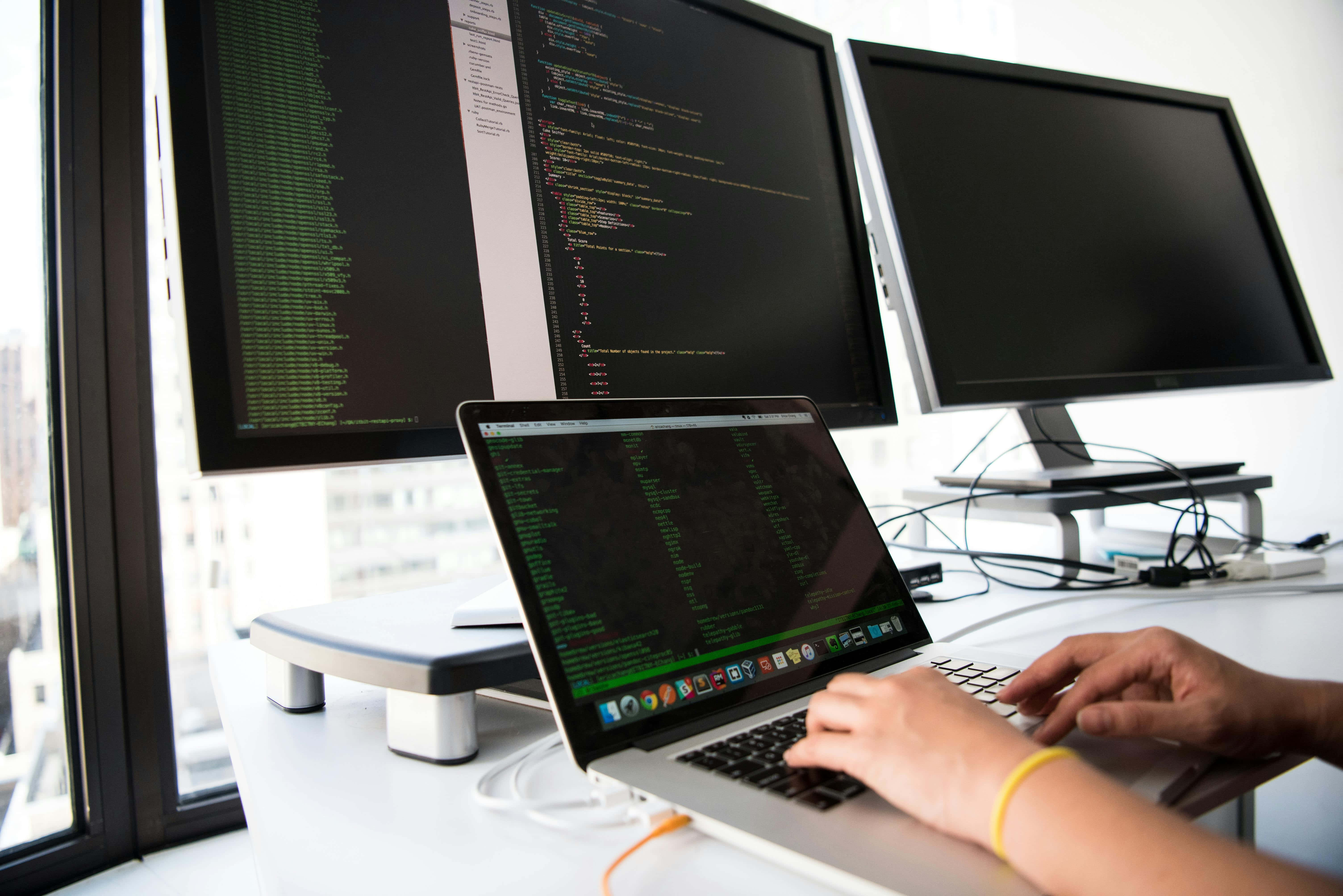 laptop, dual monitors, green code, 5K Desktop Wallpaper