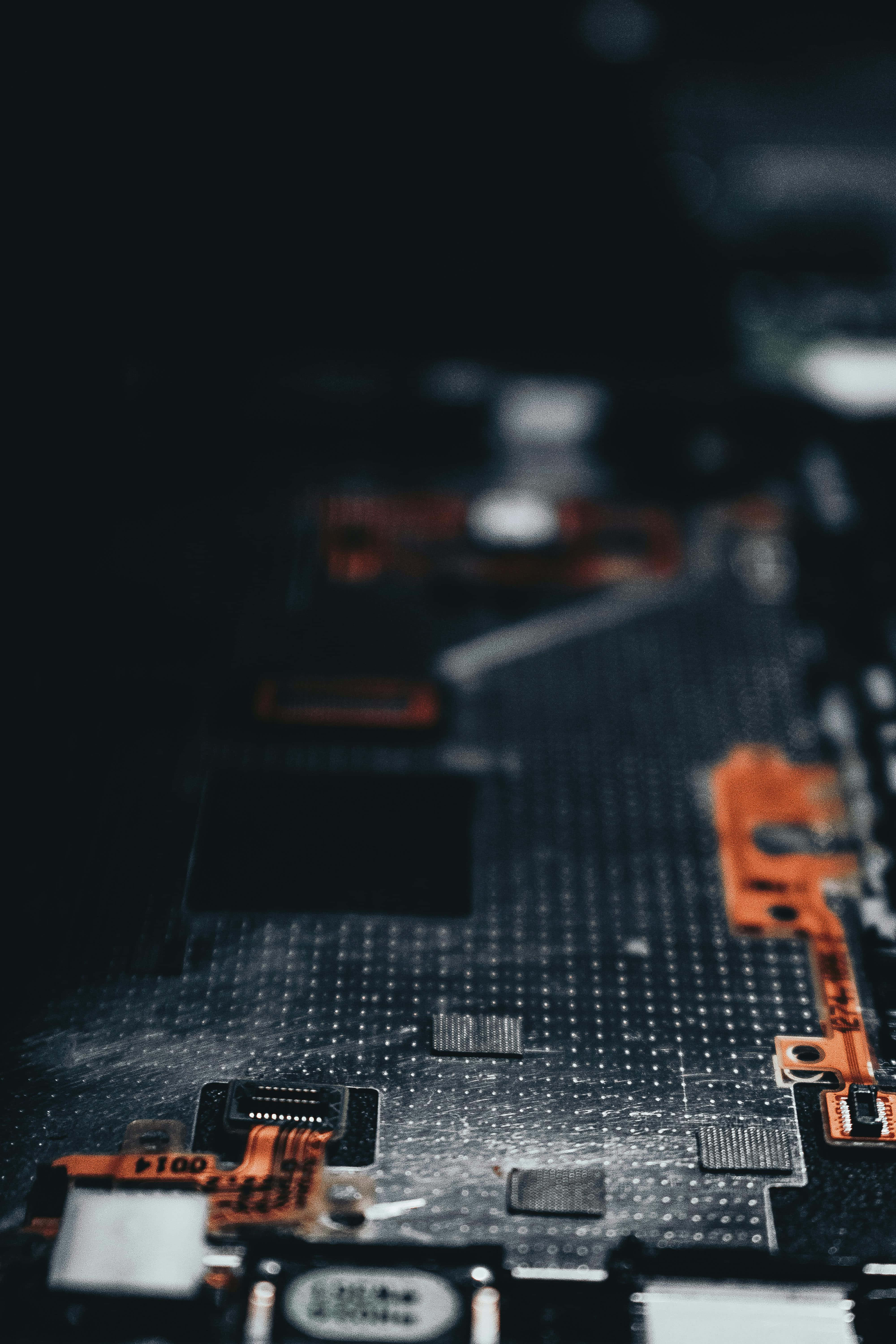 circuit board, orange flex cables, solder points, 5K Phone Wallpaper