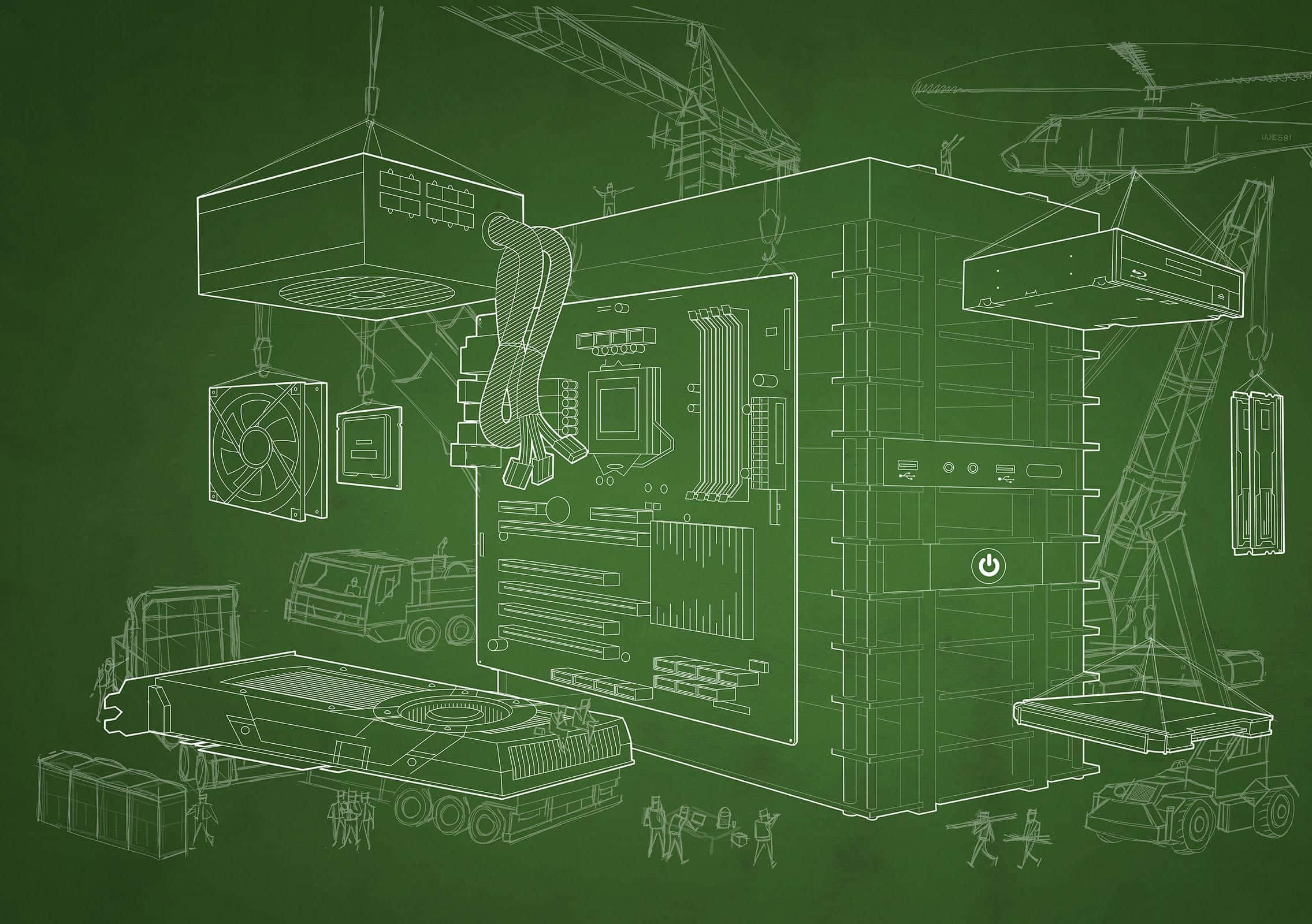 computer parts, construction schematic, white line drawings, Full HD Desktop Wallpaper