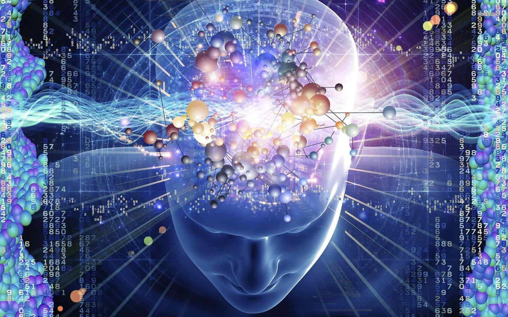 artificial intelligence concept, glowing translucent human head, vibrant network of colorful spheres, Full HD Desktop Wallpaper