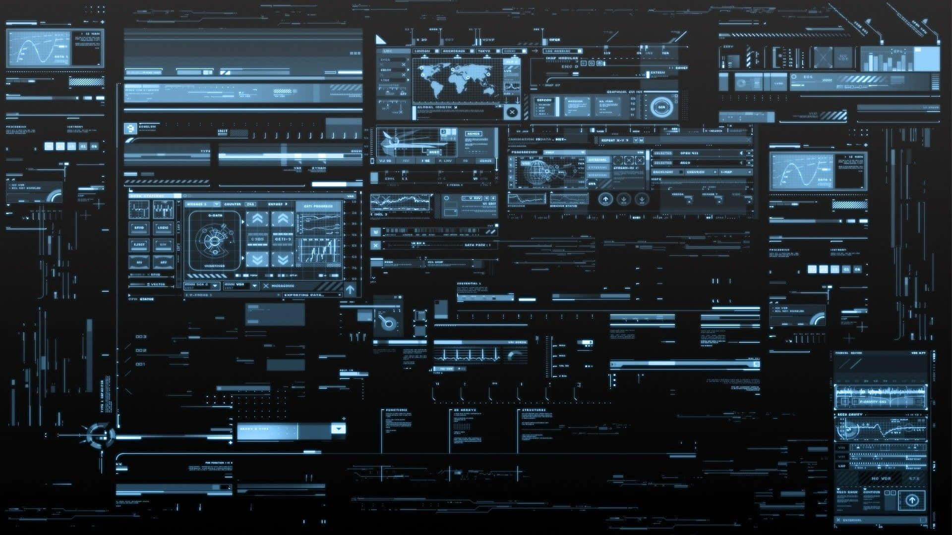 futuristic control room interface, glowing blue holographic interfaces, data streams, Full HD Desktop Wallpaper
