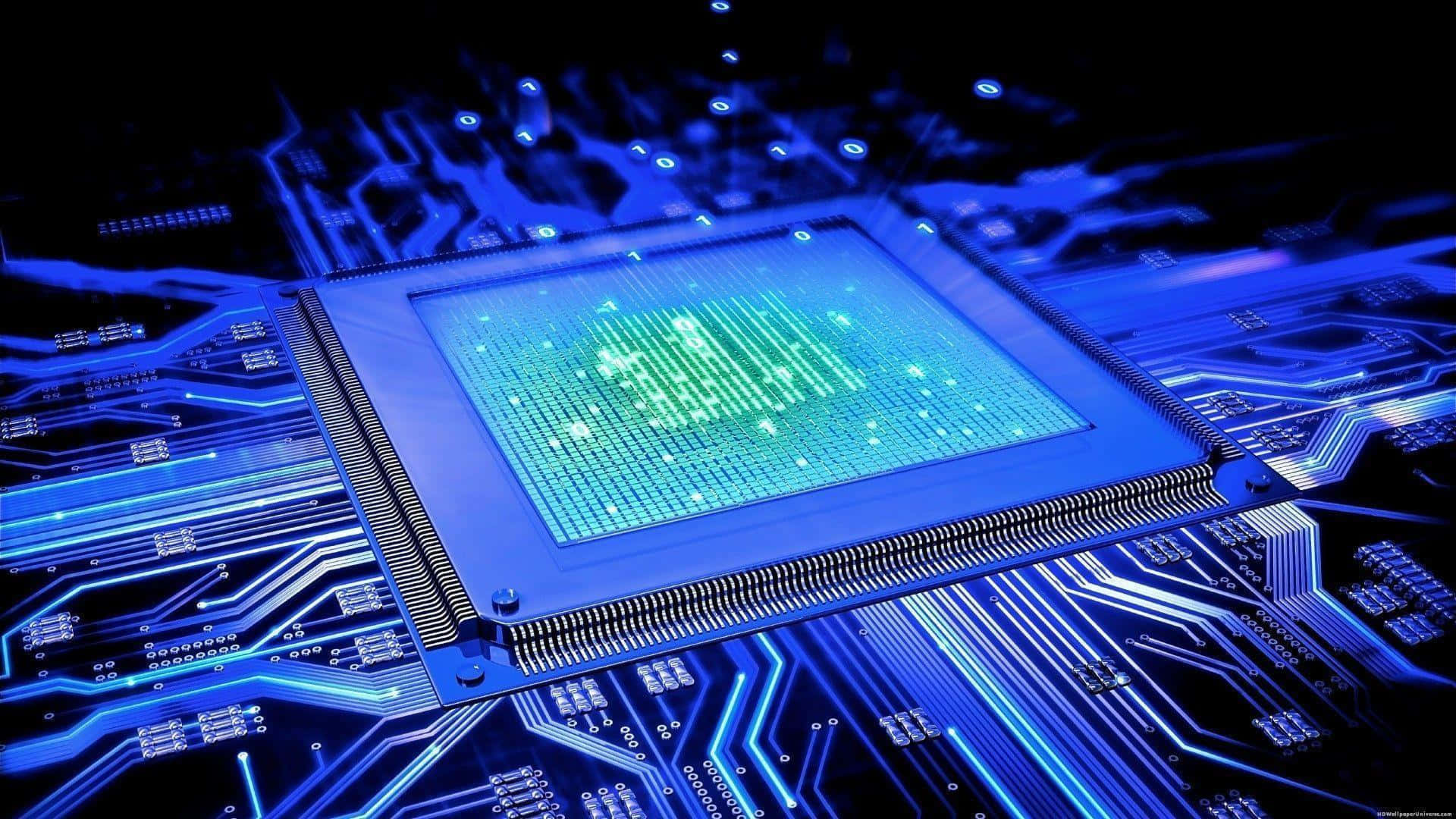 futuristic c p u, glowing blue and green microchip, detailed circuit board, Full HD Desktop Wallpaper