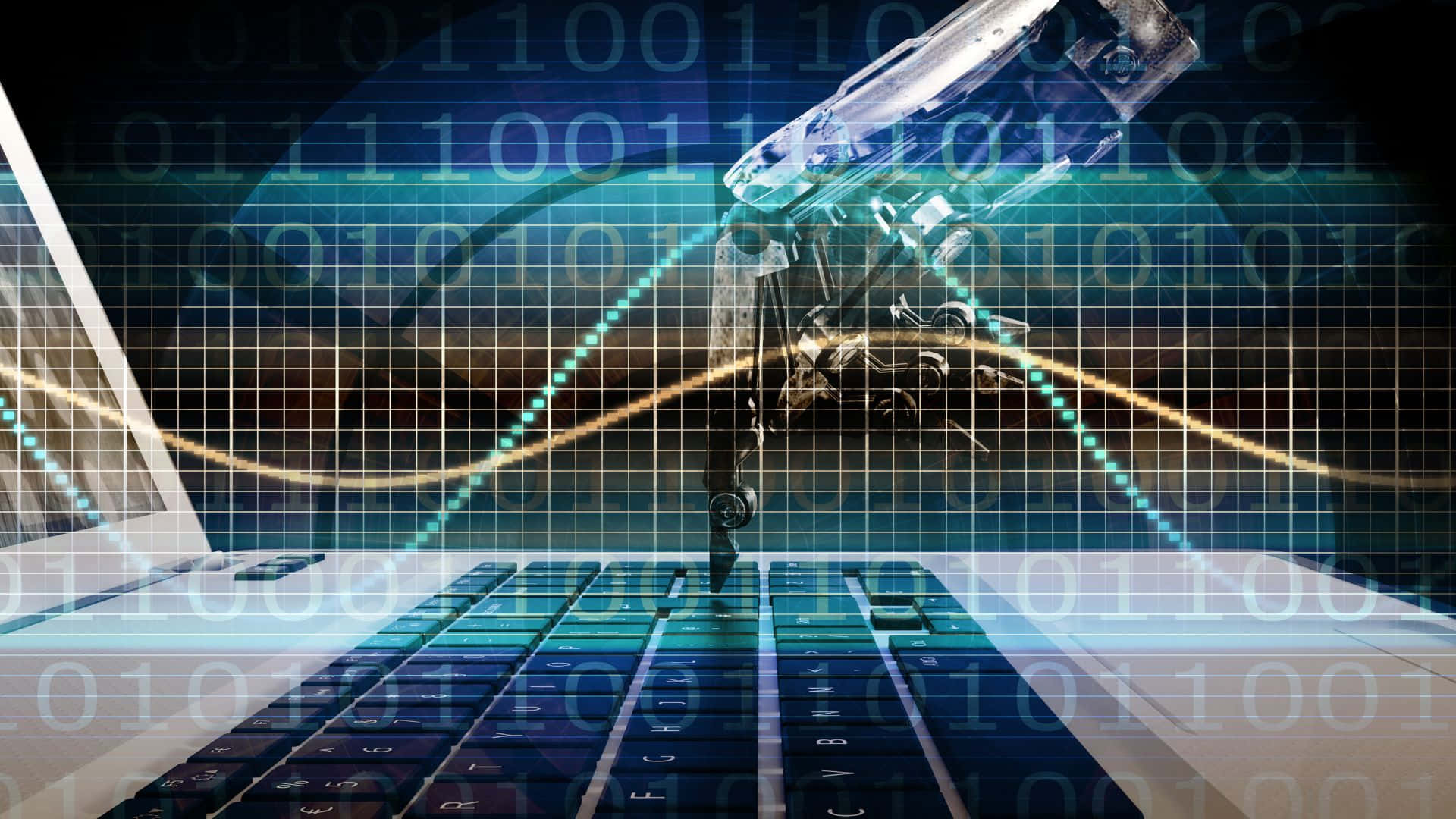 robotic arm, laptop keyboard, glowing binary code, Full HD Desktop Wallpaper