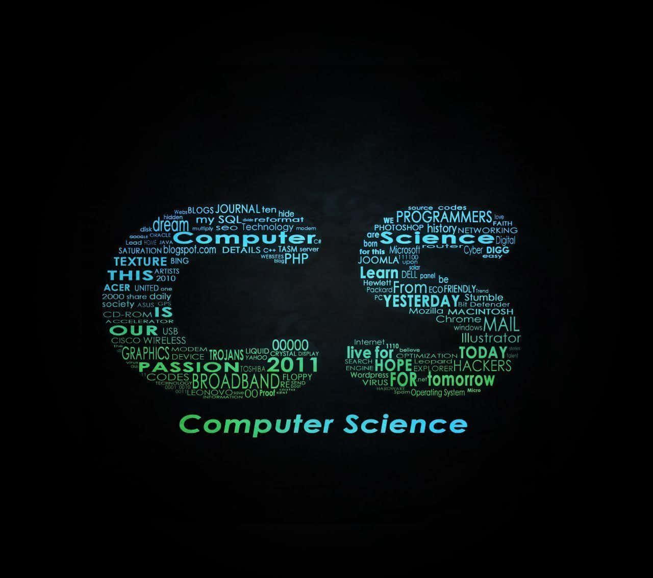 Computer Science, word cloud, glowing green, HD Desktop Wallpaper