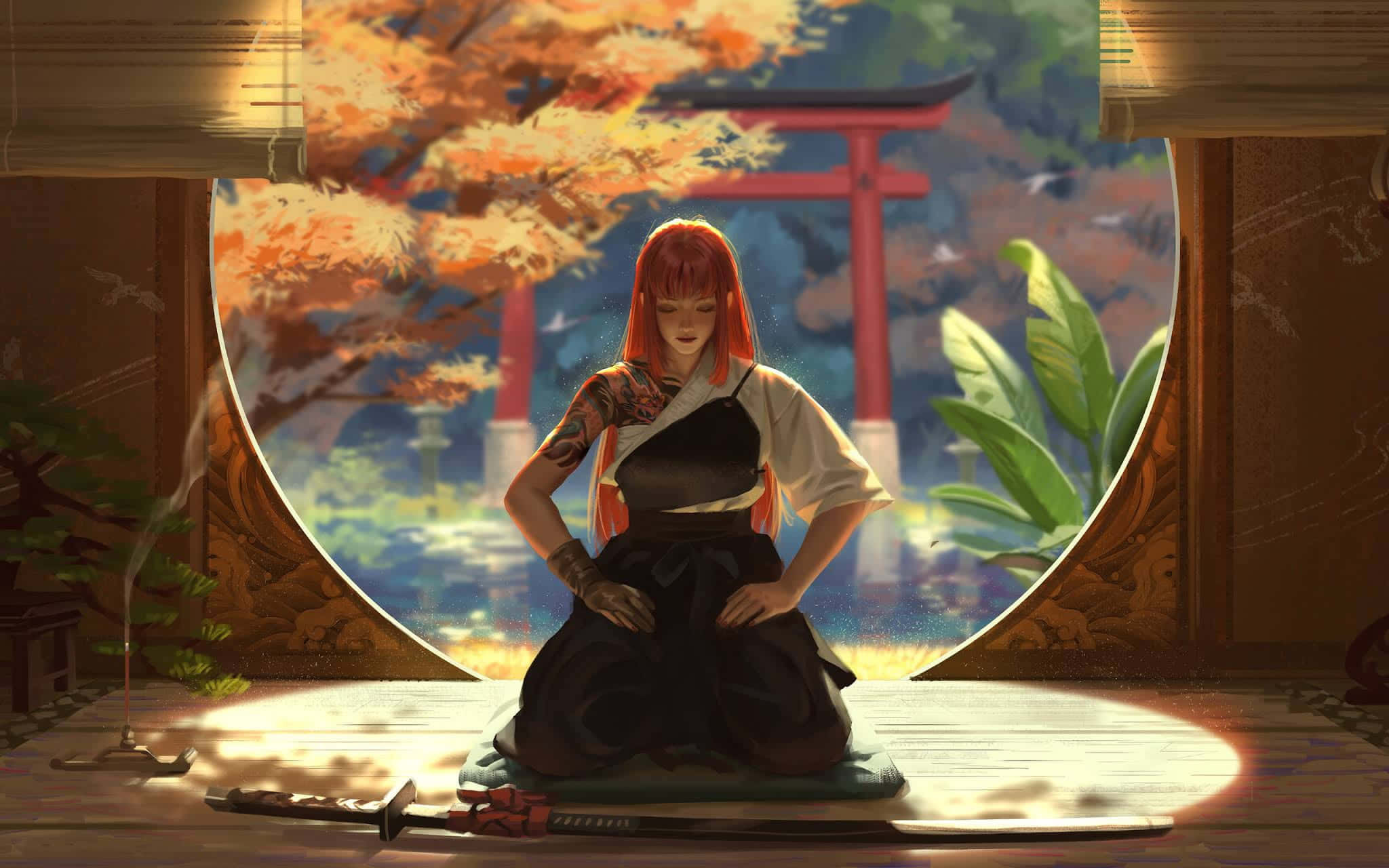 Concentration, 2048 x 1280, red-haired anime girl, Full HD Desktop Wallpaper