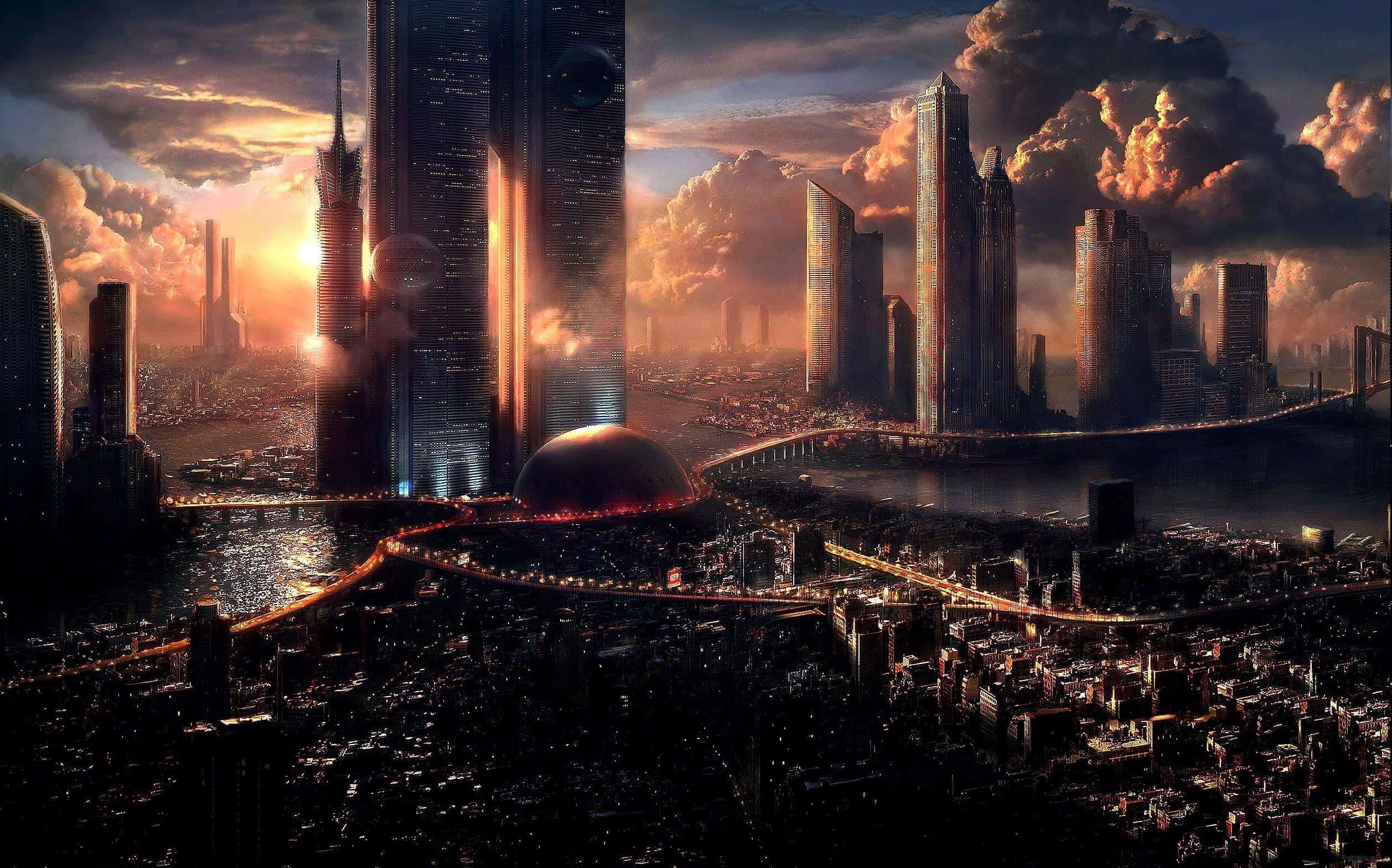 conceptual art, futuristic cityscape, sunset, Full HD Desktop Wallpaper