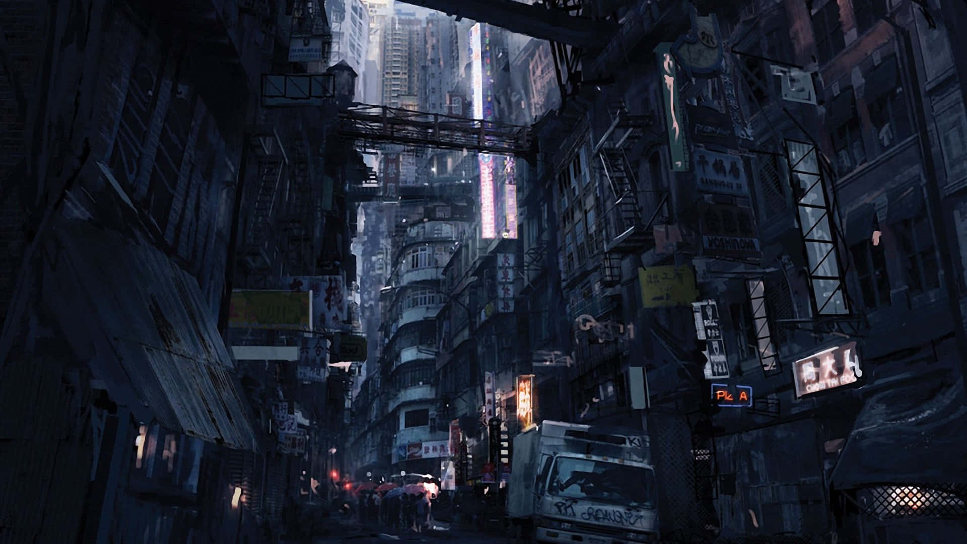 neon-lit alleyway, cyberpunk city, towering buildings, Full HD Desktop Wallpaper