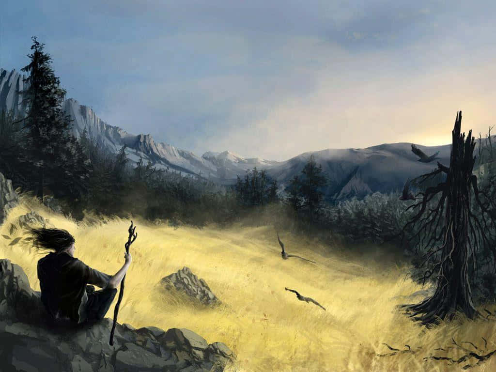 golden valley, snow-capped mountains, flying birds, SD Desktop Wallpaper