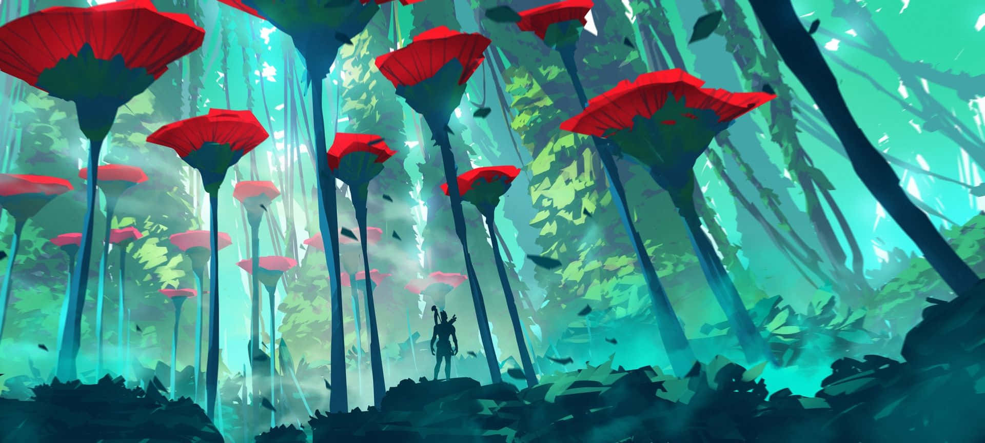 Retro Futurism, teal forest, misty, Full HD Desktop Wallpaper