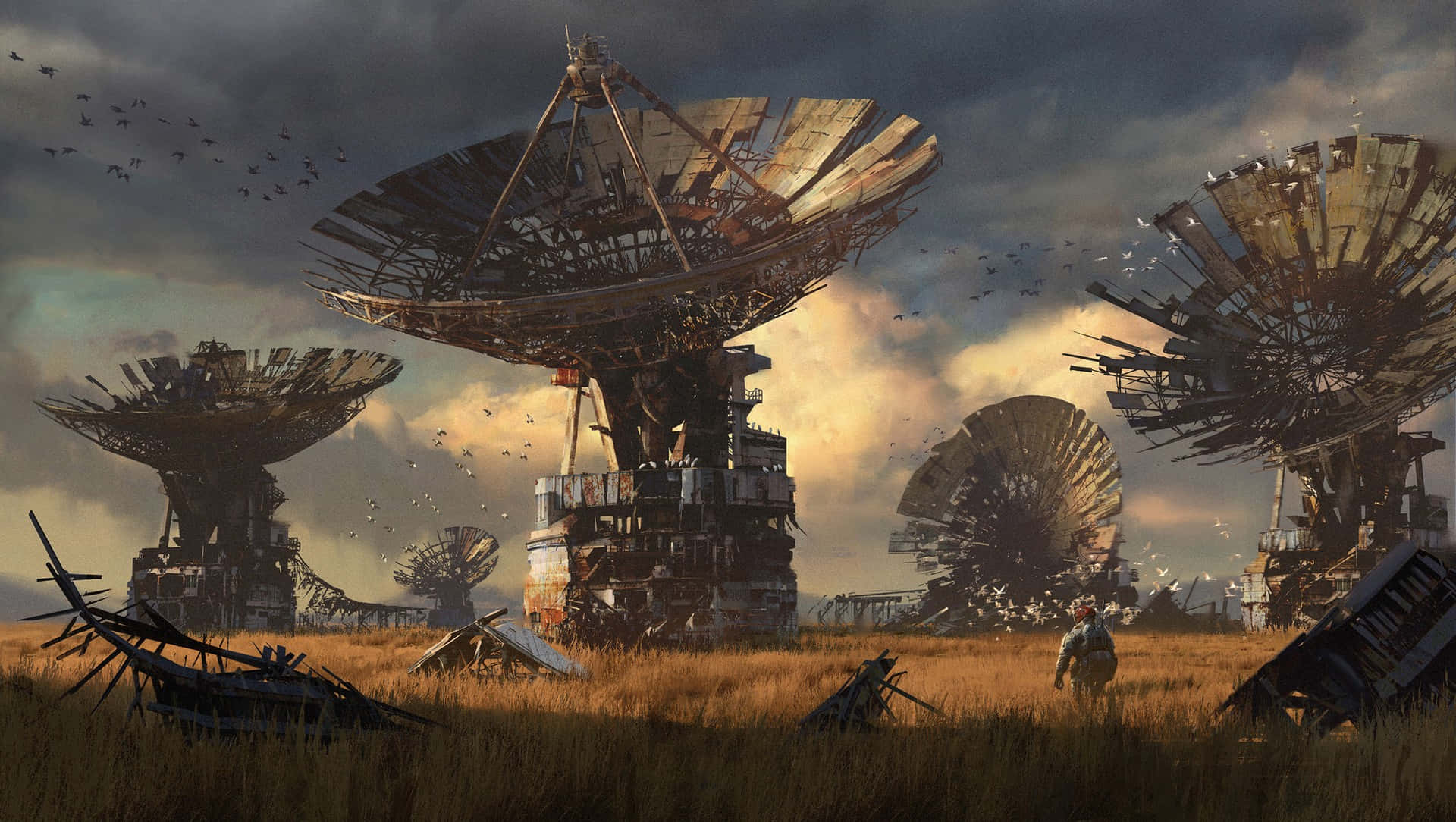 lone figure, field of tall grass, massive rusted satellite dishes, Full HD Desktop Wallpaper
