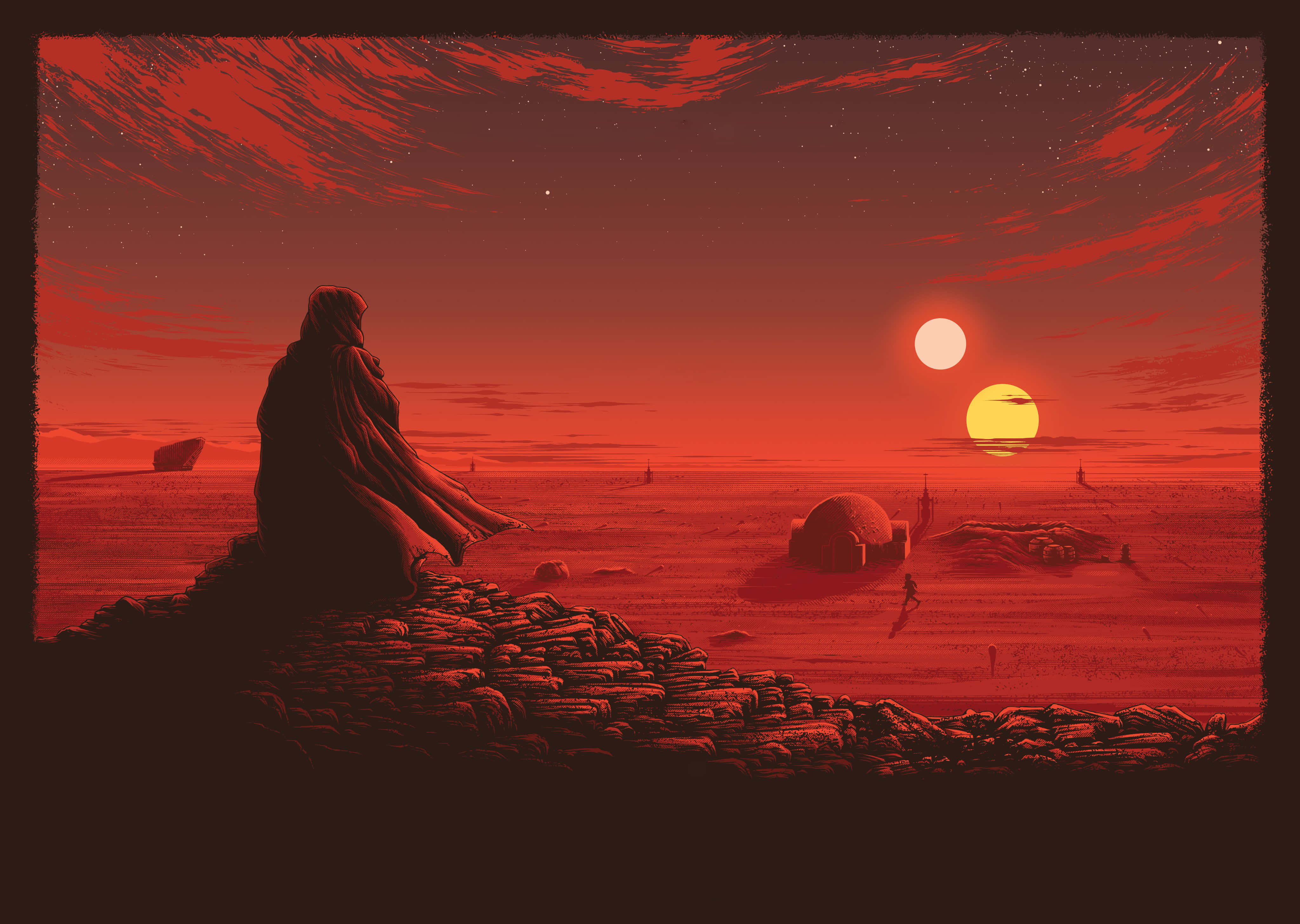 cloaked figure, rocky ridge, two suns, 4K Desktop Wallpaper