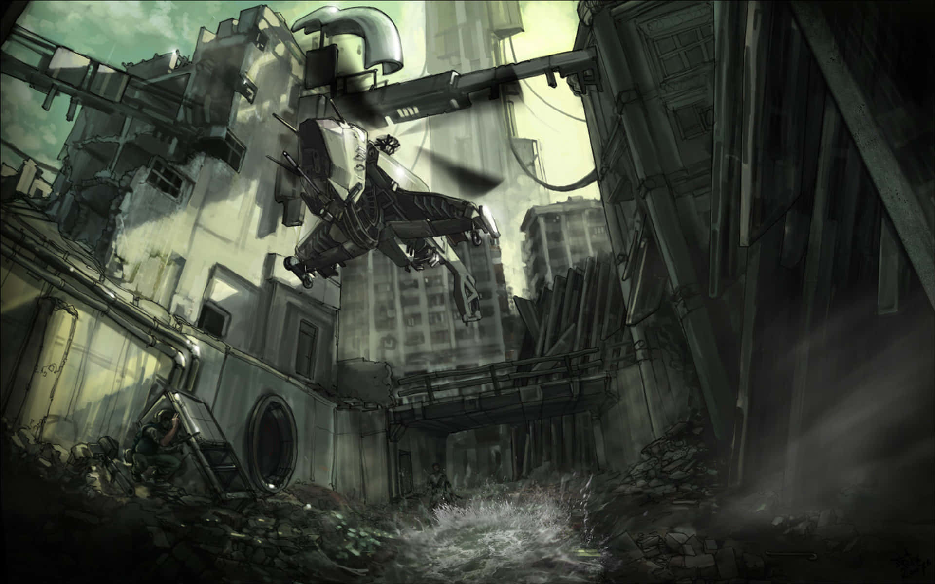 futuristic flying vehicle, ruined urban canyon, crumbling buildings, Full HD Desktop Wallpaper