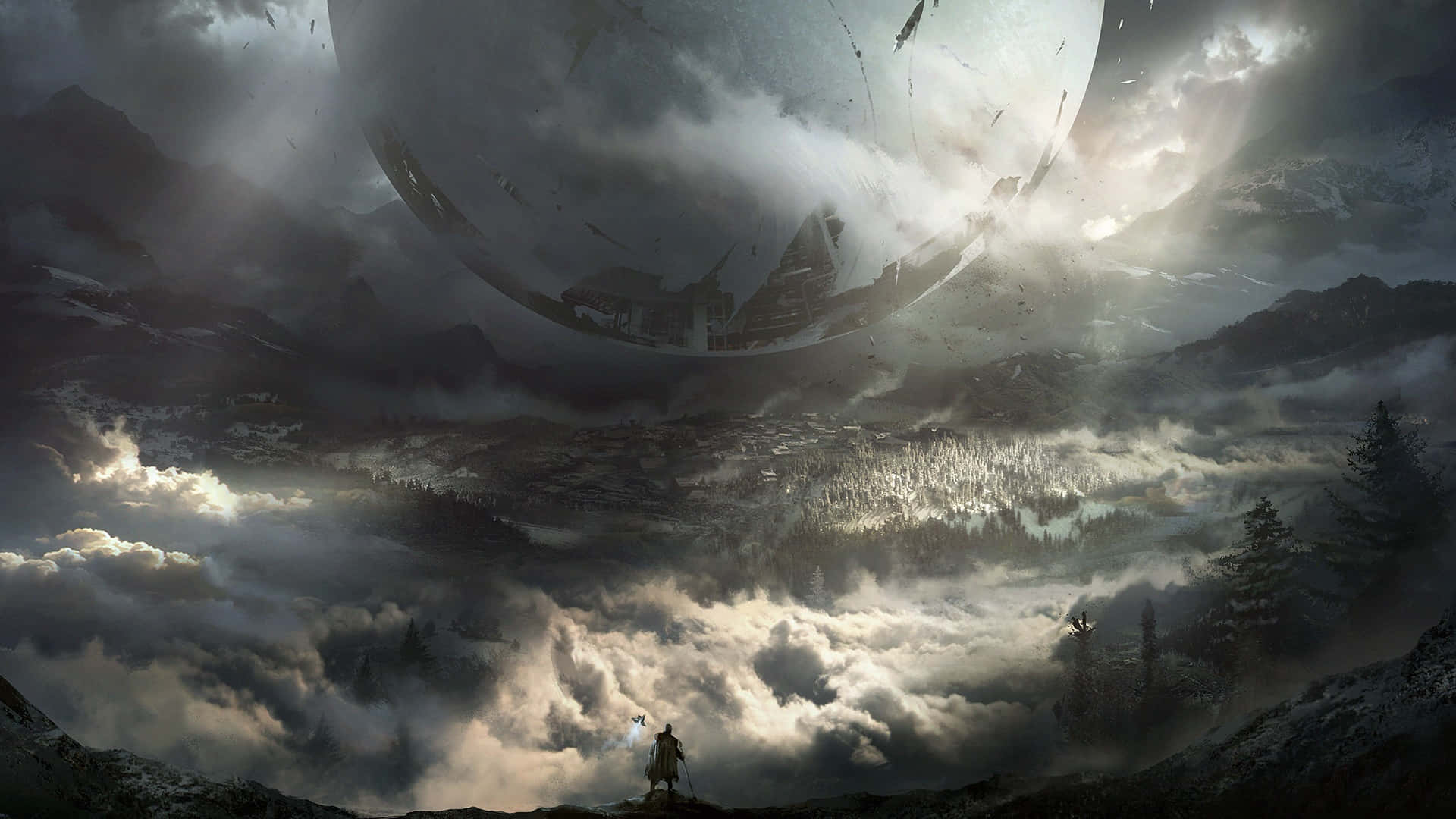 conceptual art, mountain ridge, colossal floating planet, Full HD Desktop Wallpaper