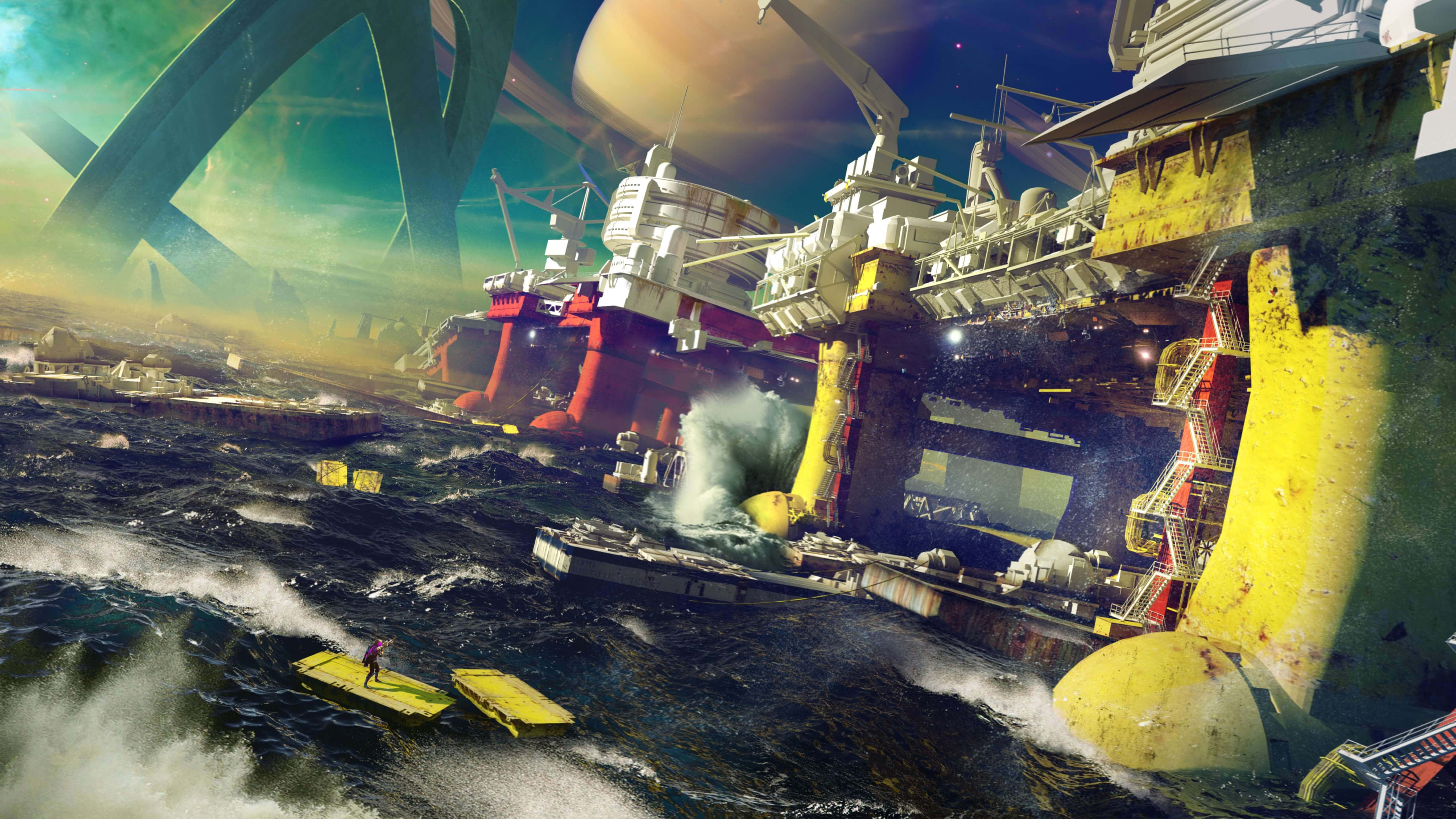 conceptual art, floating platforms, massive wrecked industrial structures, 5K Desktop Wallpaper