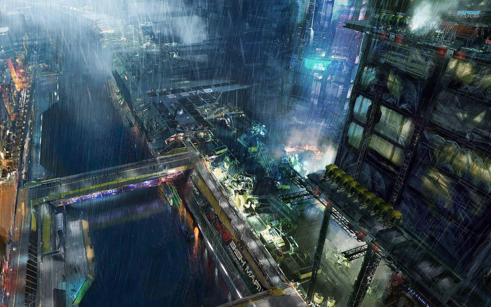 futuristic cityscape, night, neon lights, Full HD Desktop Wallpaper