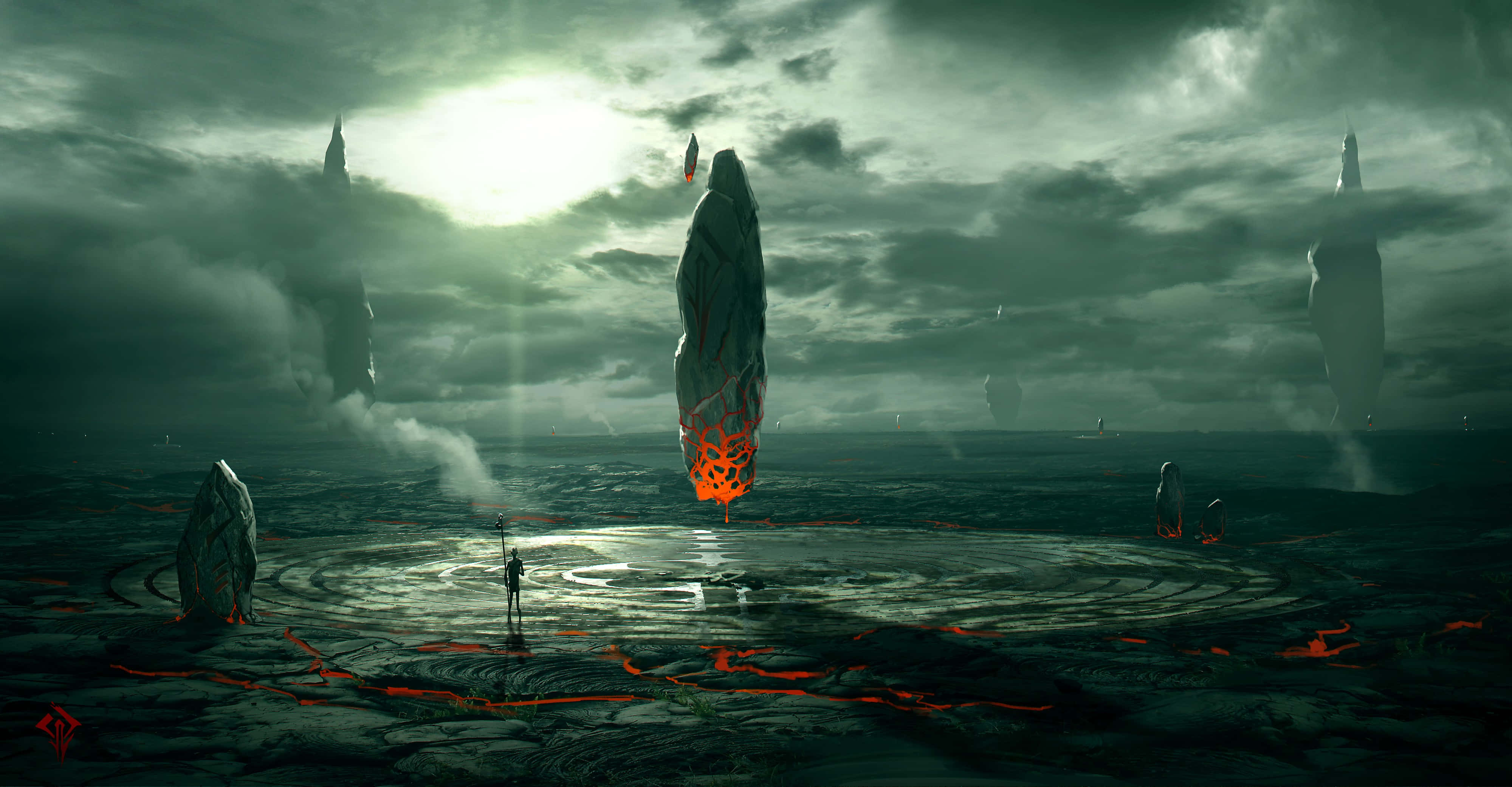 Conceptual Art, glowing orange fissure, misty alien landscape, 4K Desktop Wallpaper