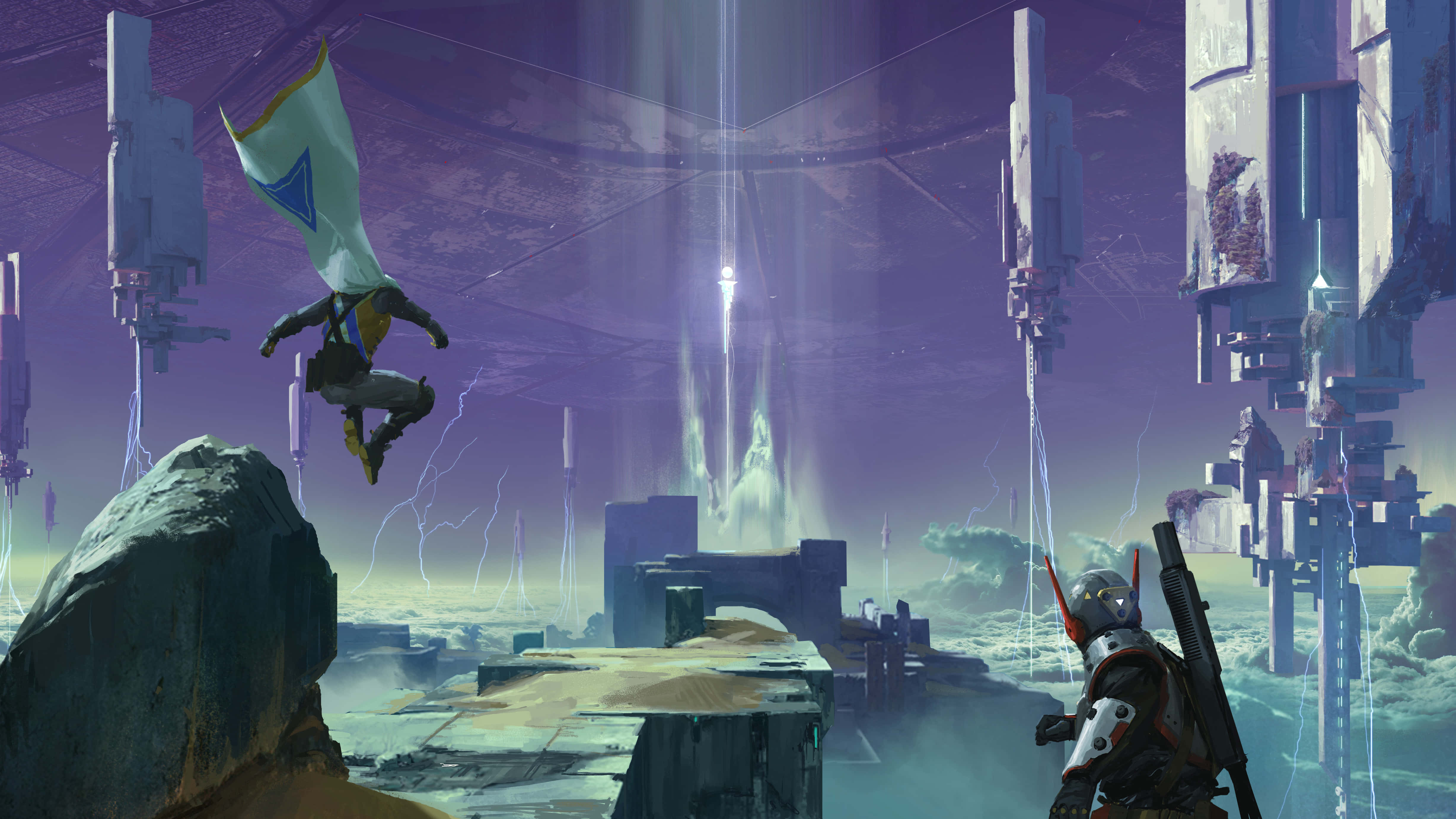 conceptual art, futuristic warrior, ruined alien cityscape, 4K Desktop Wallpaper