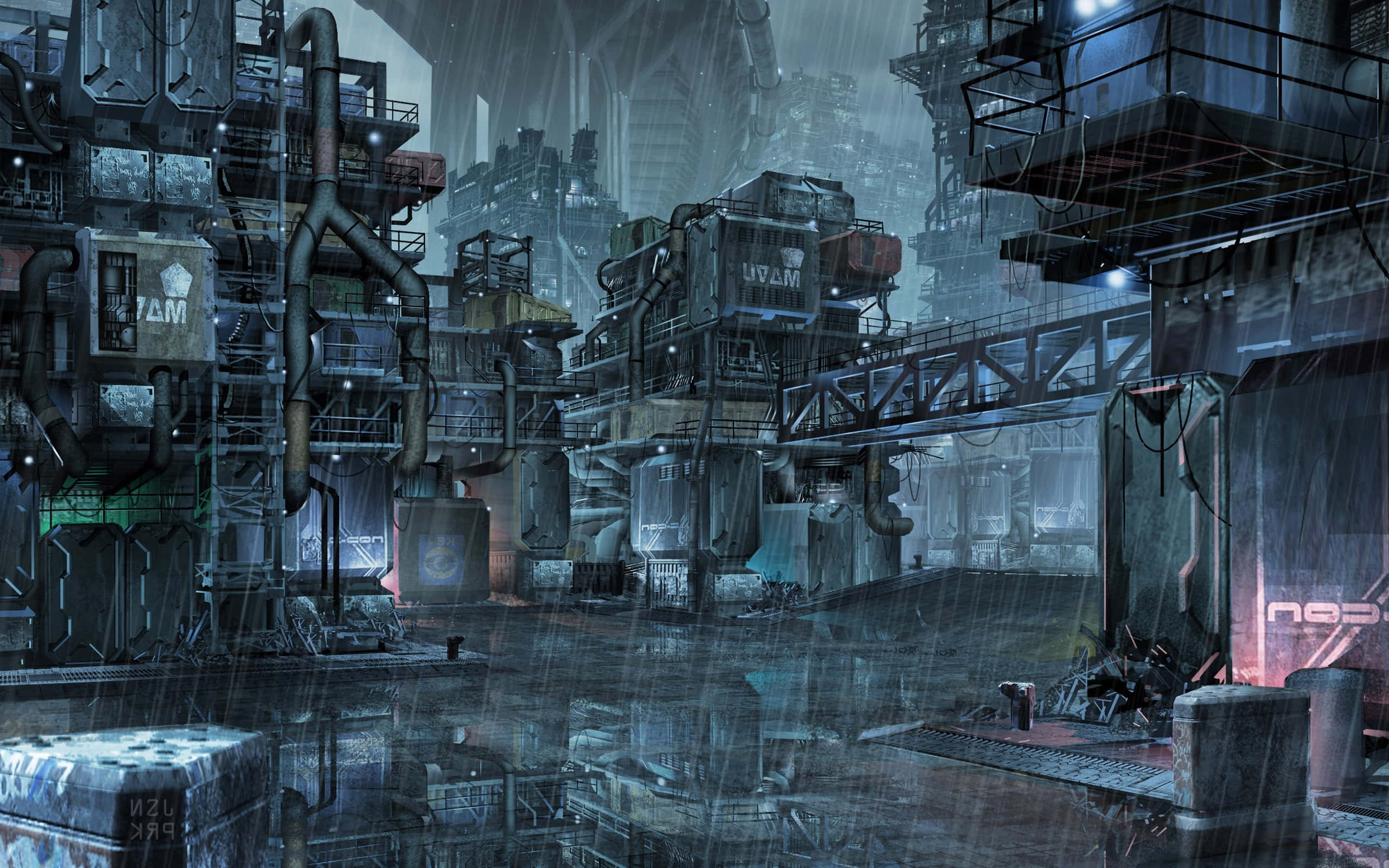 Conceptual Art, rain, sprawling industrial complex, 2K Desktop Wallpaper