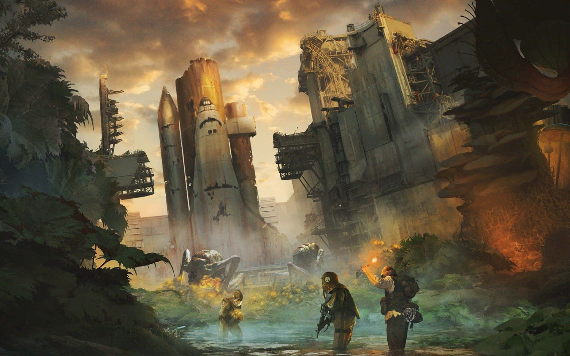 conceptual art, misty jungle, ruined rocket launch site, Full HD Desktop Wallpaper