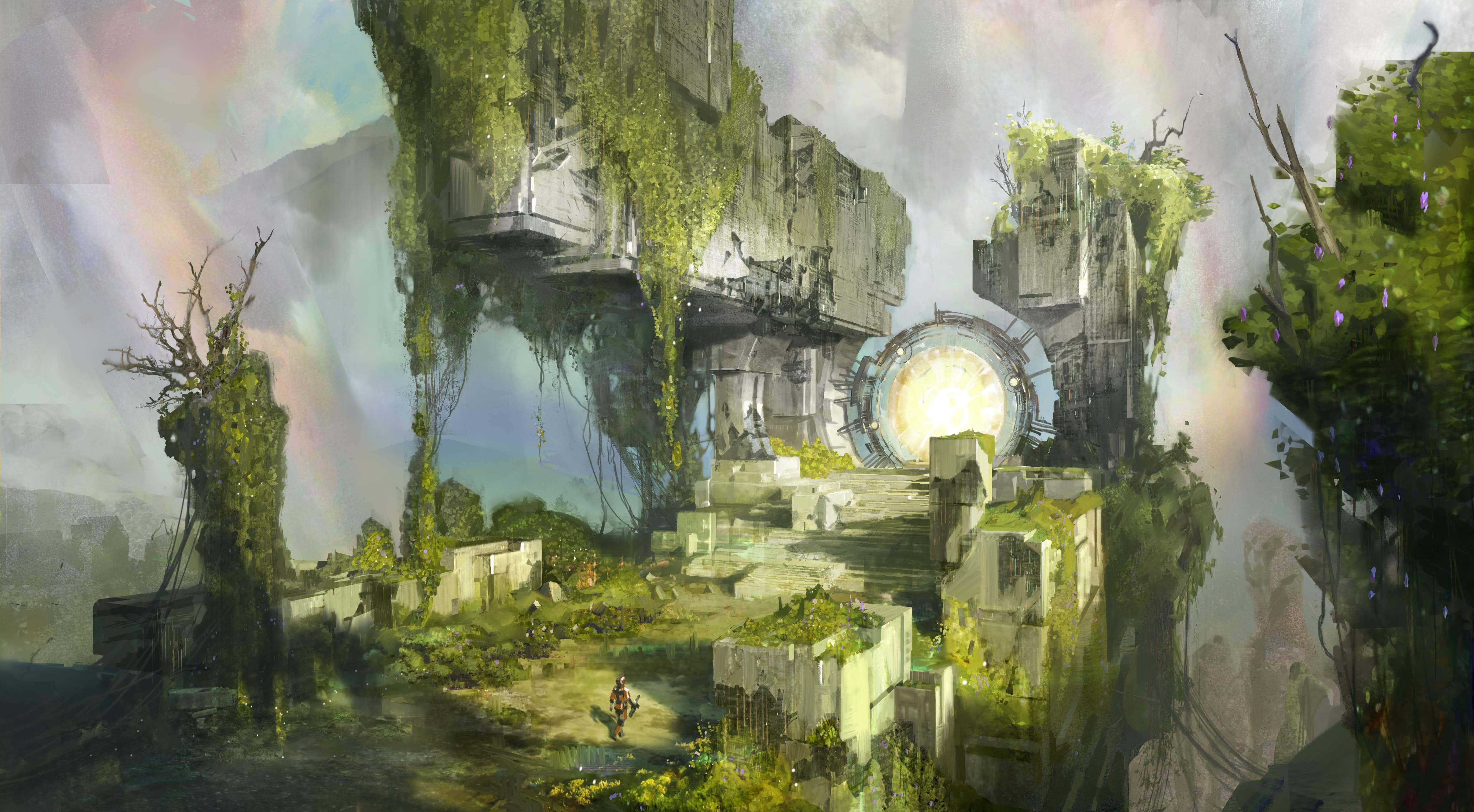 conceptual art, futuristic ruin, glowing circular portal, 4K Desktop Wallpaper