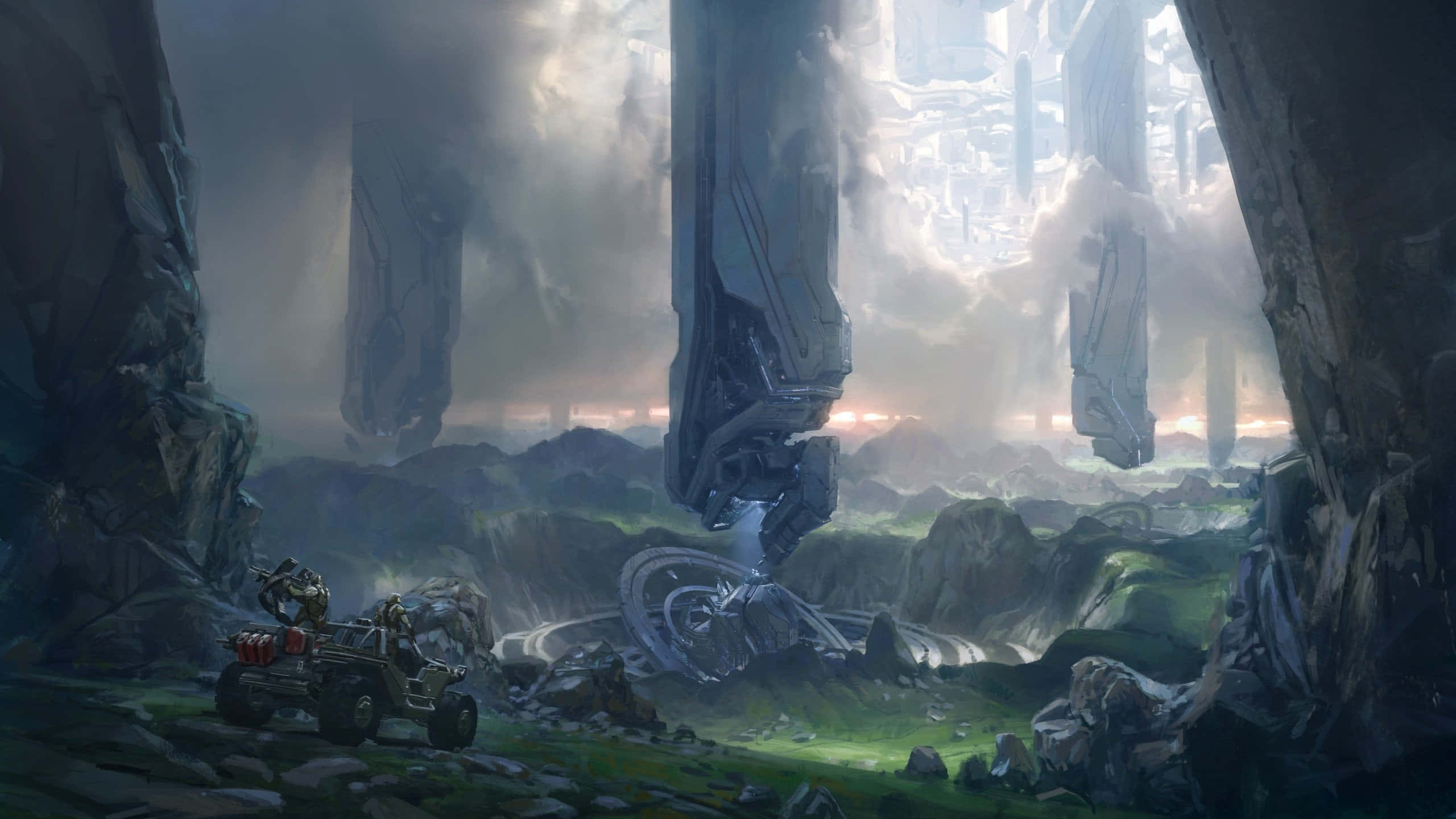 conceptual art, misty alien canyon, colossal floating ruins, 2K Desktop Wallpaper