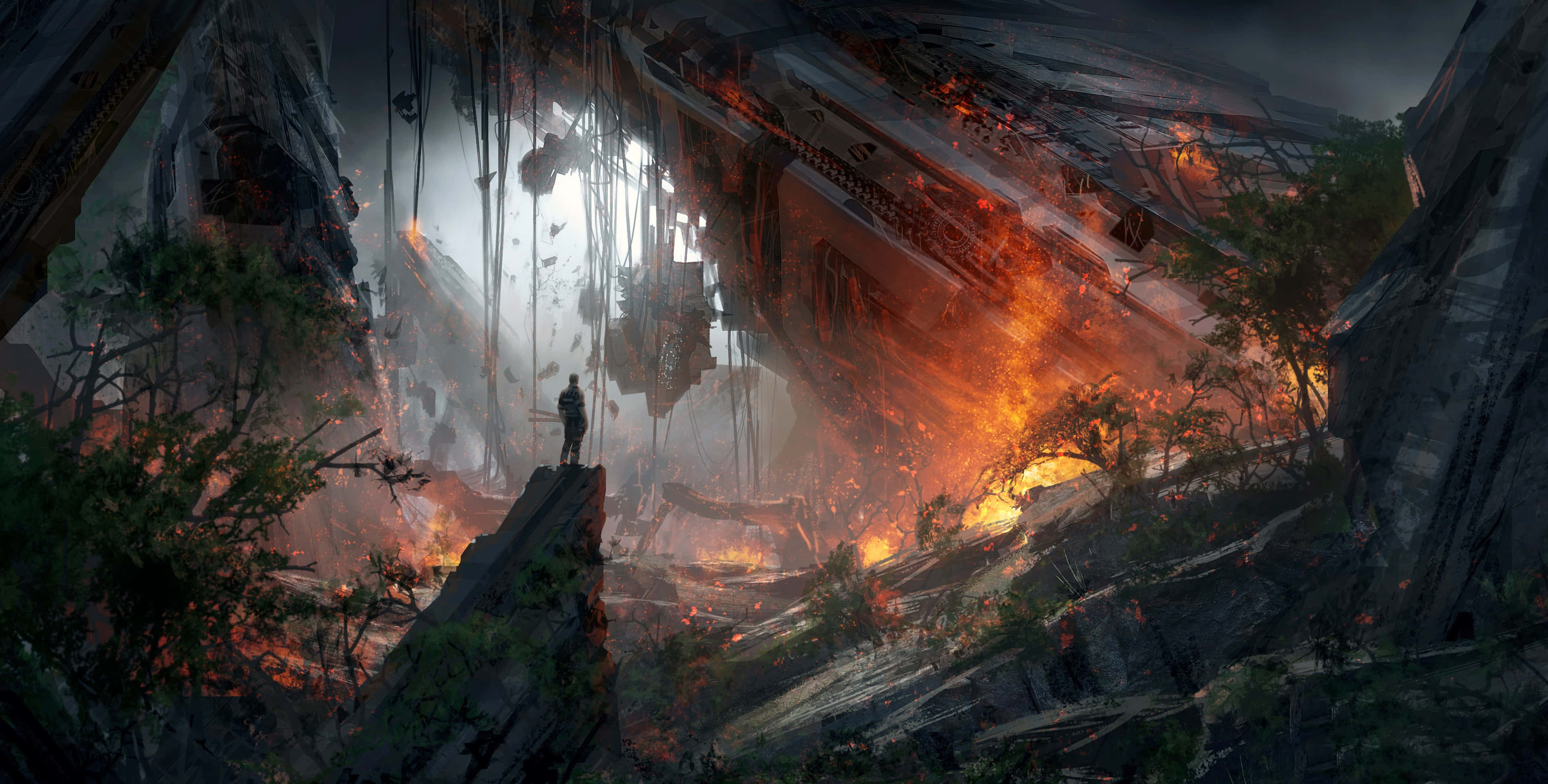 conceptual art, ruined spaceship, fiery orange flames, 4K Desktop Wallpaper